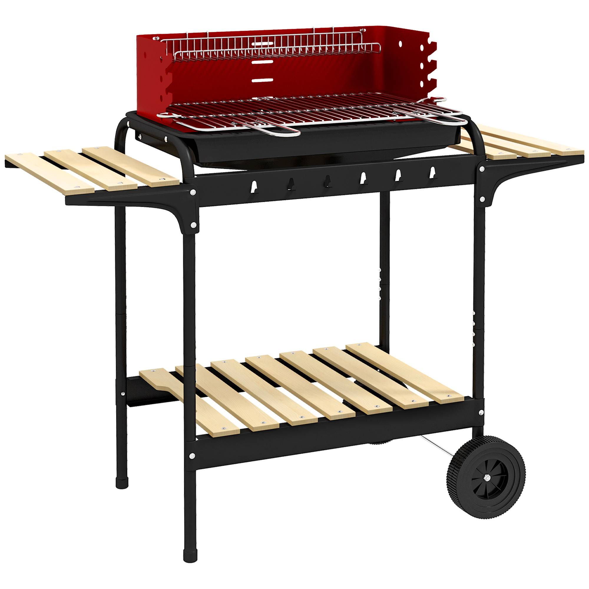 Barbecue charbon métal fumoir, roues, grille réglable, tablette bois,103x47x95 cm, rouge - Image 1