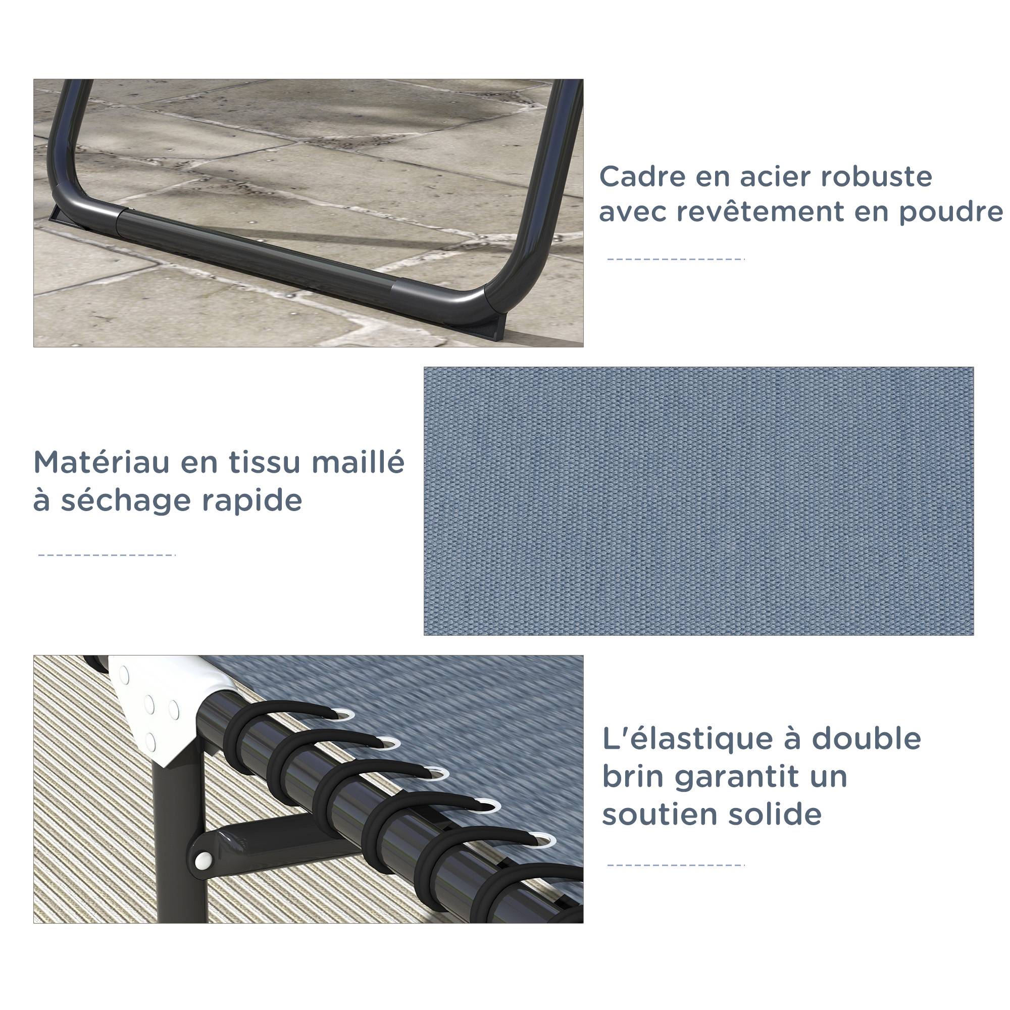 Sans Marque - Bain de Soleil transat Pliable Dossier inclinable Multi-Positions Acier thermoplastique Lacets élastiques Noir - Image 7