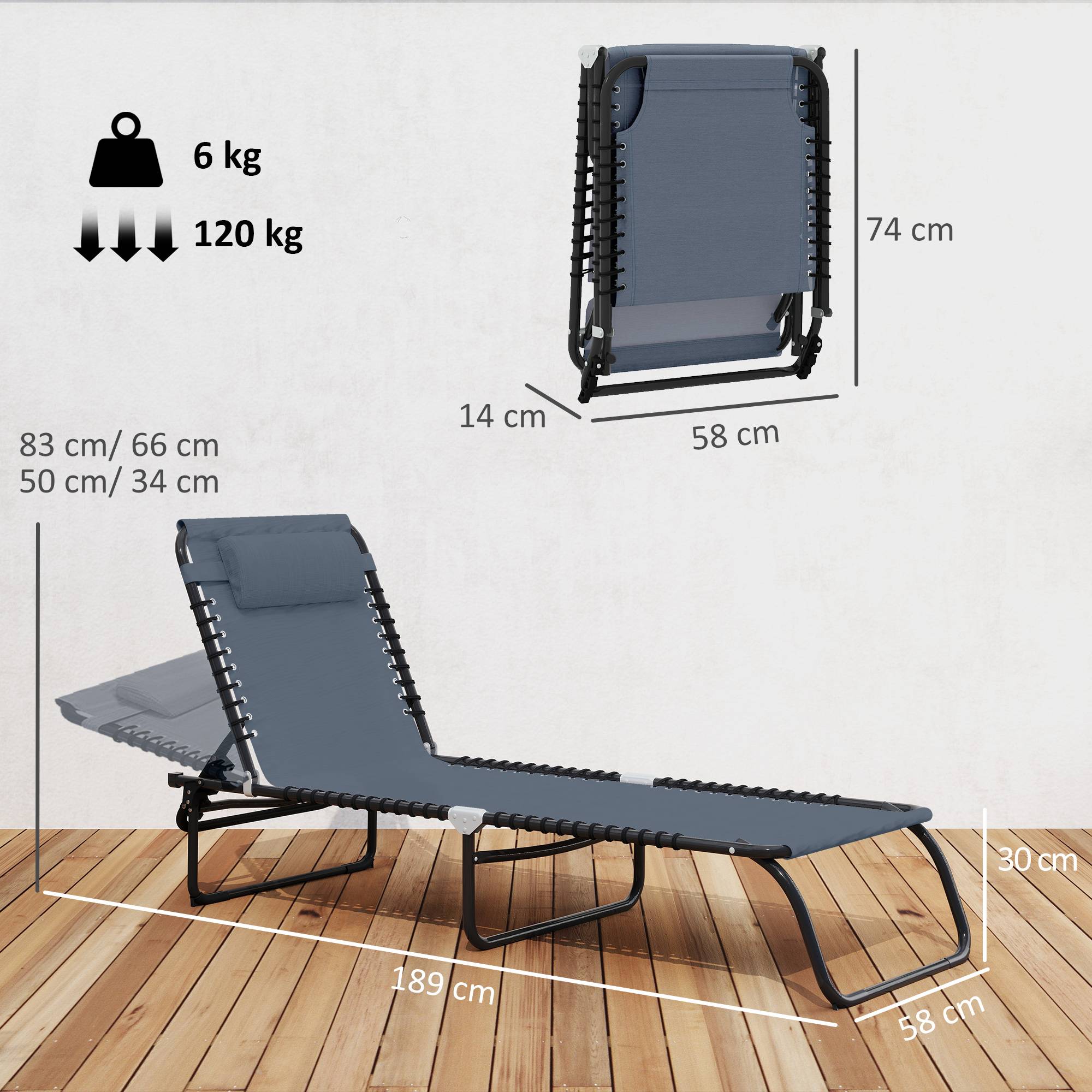 Sans Marque - Bain de Soleil transat Pliable Dossier inclinable Multi-Positions Acier thermoplastique Lacets élastiques Noir - Image 5