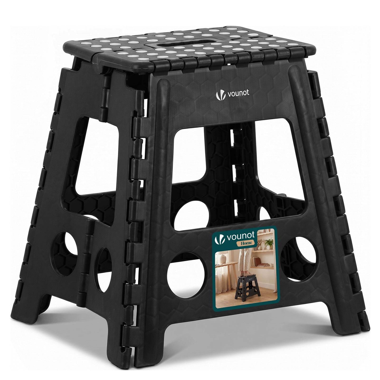 Tabouret pliant portable 39x32x40 cm - Marchepied pliable antidérapant avec poignée - Plastique - Noir - VOUNOT®