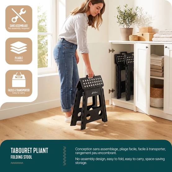 Tabouret pliant portable 39x32x40 cm - Marchepied pliable antidérapant avec poignée - Plastique - Noir - VOUNOT® - Image 5