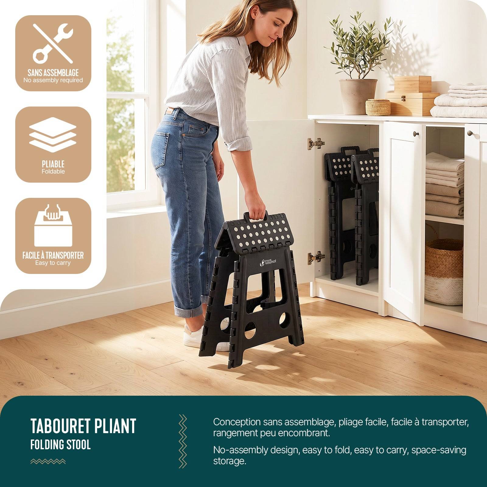 Tabouret pliant portable 39x32x40 cm - Marchepied pliable antidérapant avec poignée - Plastique - Noir - VOUNOT® - Image 5