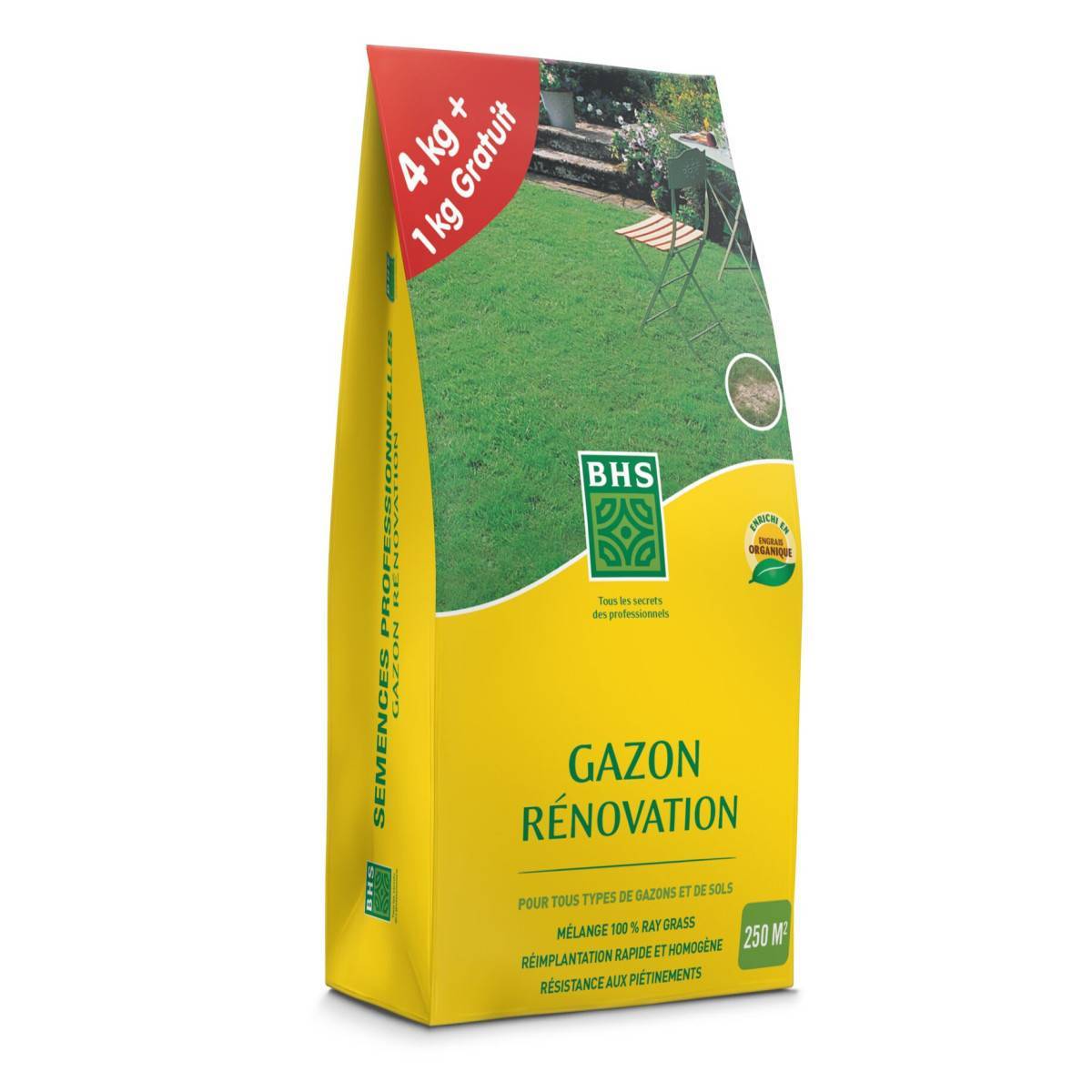 BHS - Gazon Rénovation marque BHS, sac de 5 kgs dont 1 gratuit , 250m²
