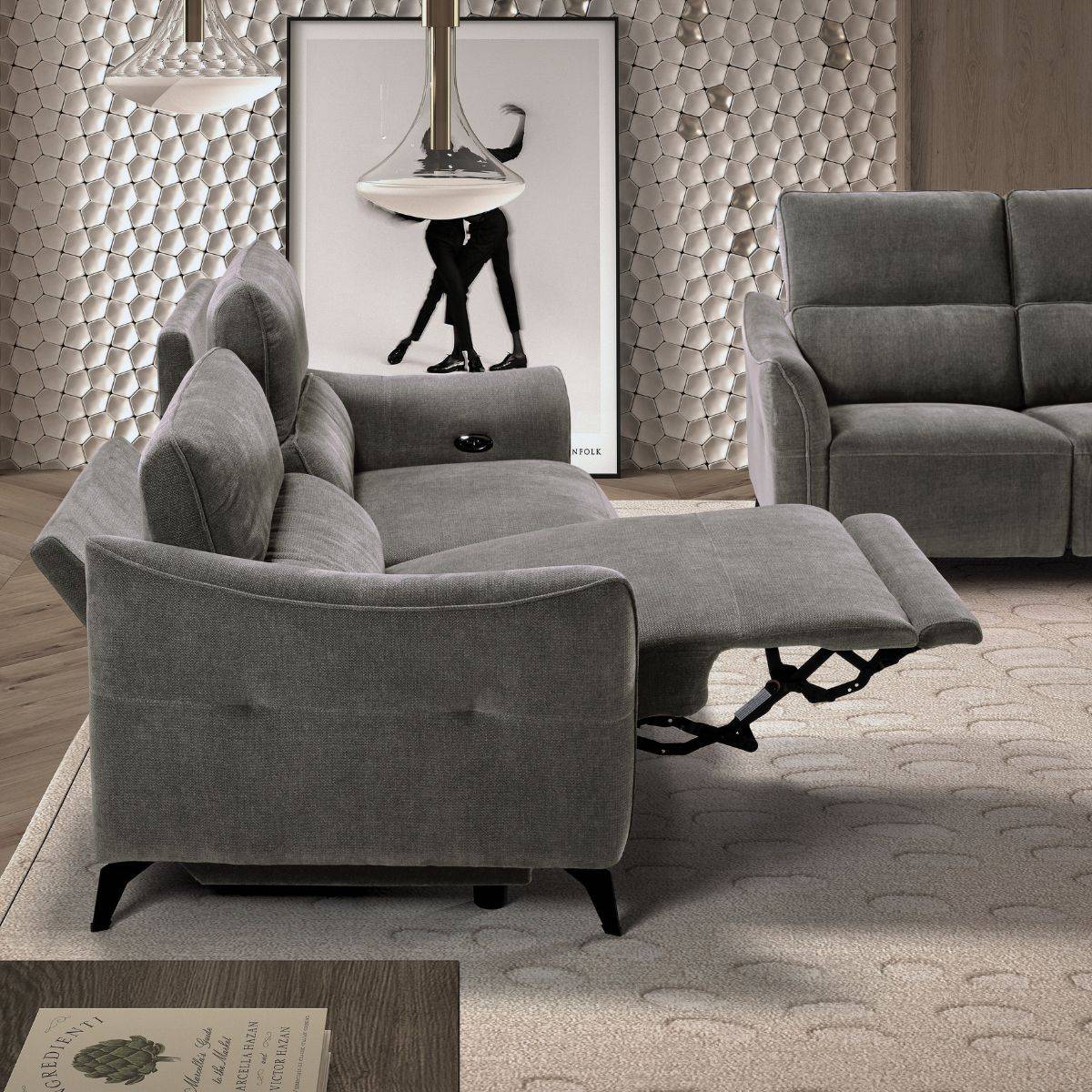 Ensemble Canapé relax électrique + canapé fixe tissu Waterproof Gris - BURGOS - Image 2