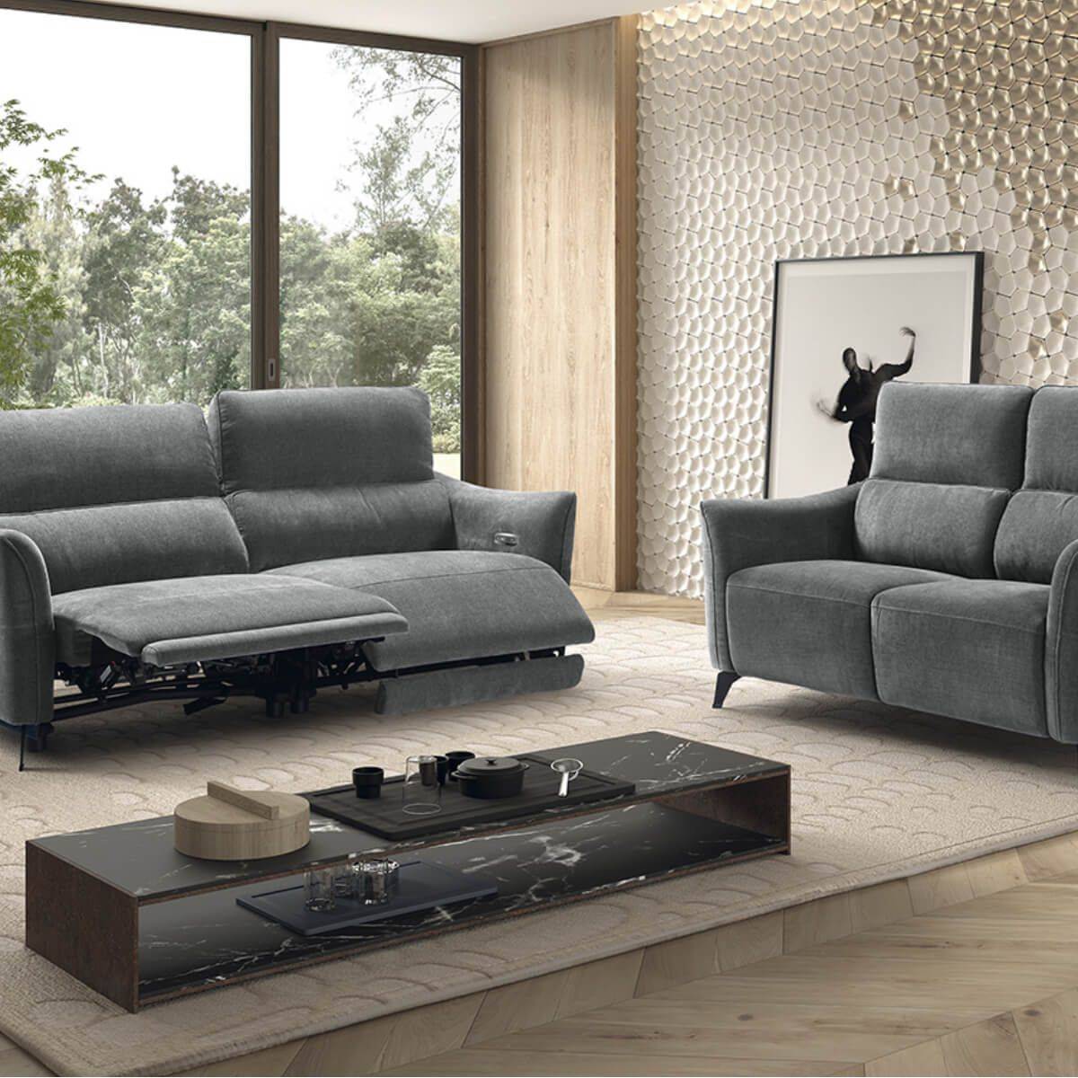 Ensemble Canapé relax électrique + canapé fixe tissu Waterproof Gris - BURGOS - Image 1