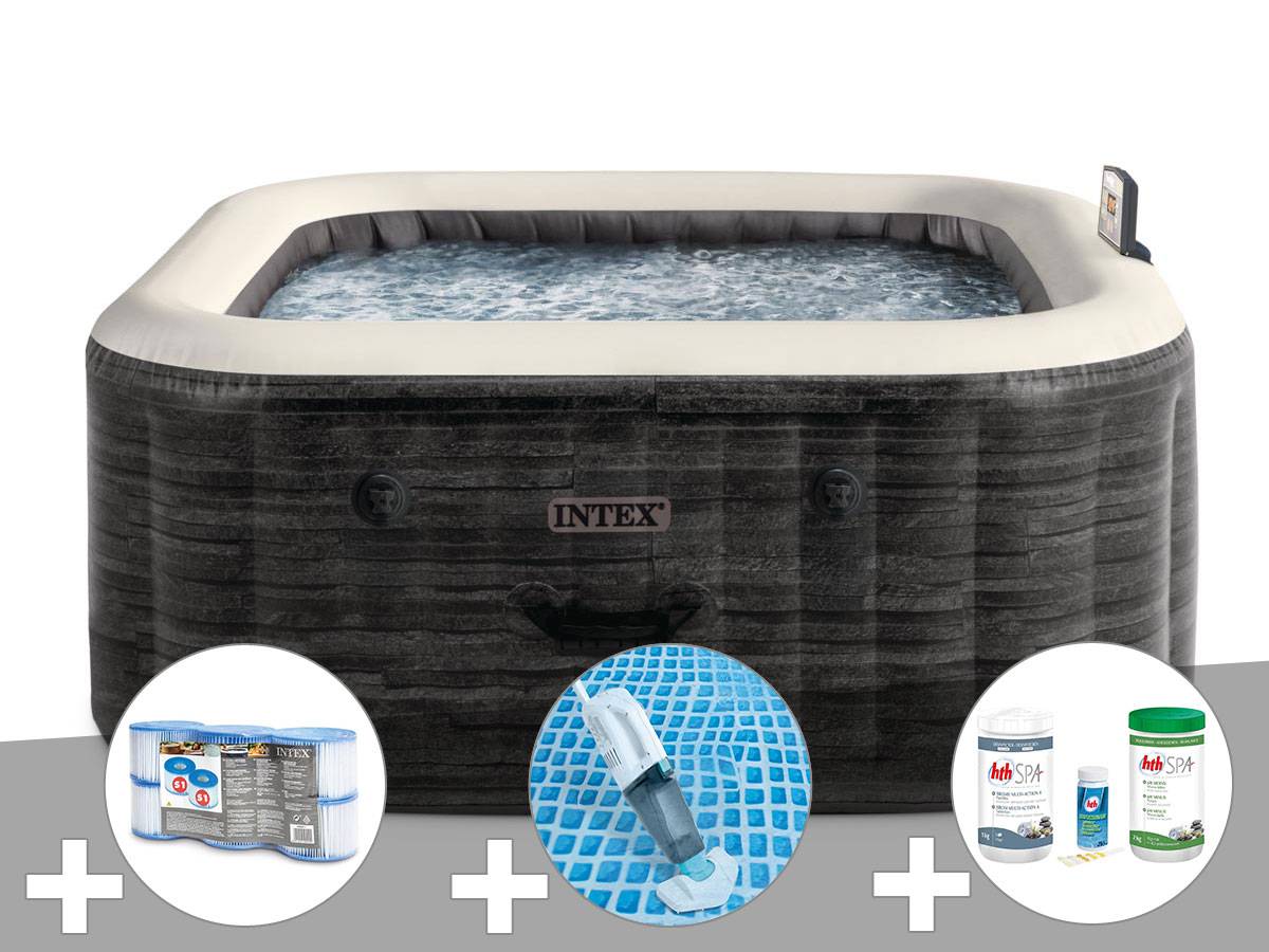 Kit spa gonflable Intex PureSpa Ardoise carré Bulles 4 places + 6 filtres + Aspirateur + Kit de traitement brome