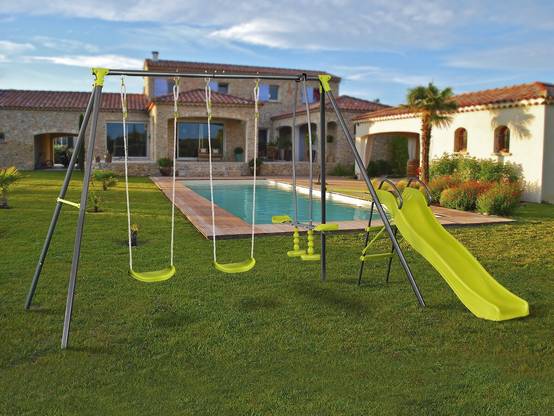 Portique En Métal Avec Toboggan "enzo Ii " - 4 Agrès - Vert -habitat Et Jardin - Image 2