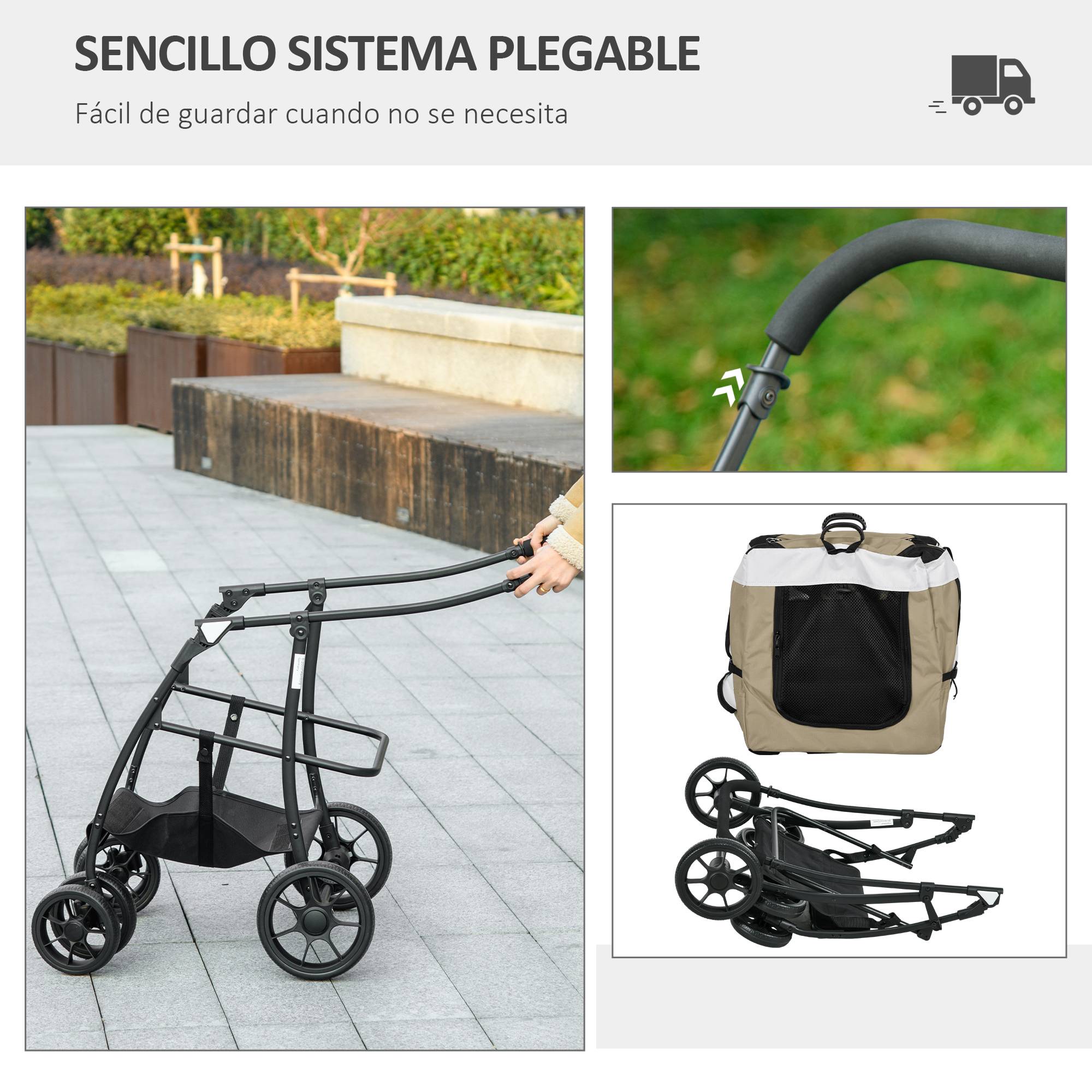 Poussette pour chiens pliable avec wagon amovible, 4 portes à fermeture éclair, 2 sangles de sécurité et coussin Kaki - Image 9