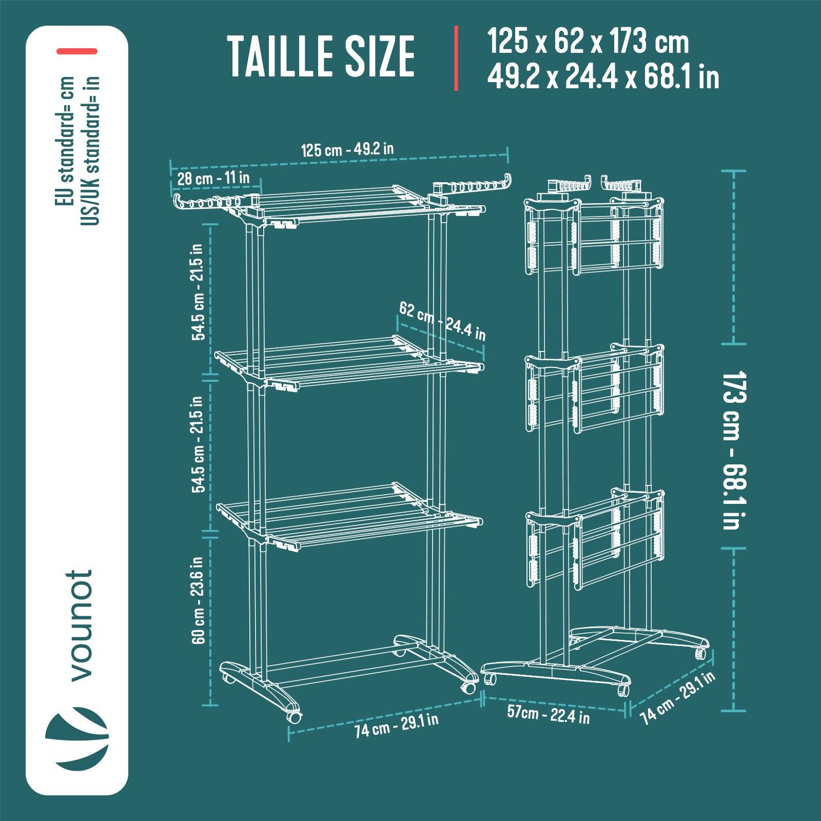 Vounot - Étendoir à linge pliable métal renforcée 125x62x173cm, Séchoir 4 niveaux grande capacité avec roulettes, Blanc, VOUNOT® - Image 3