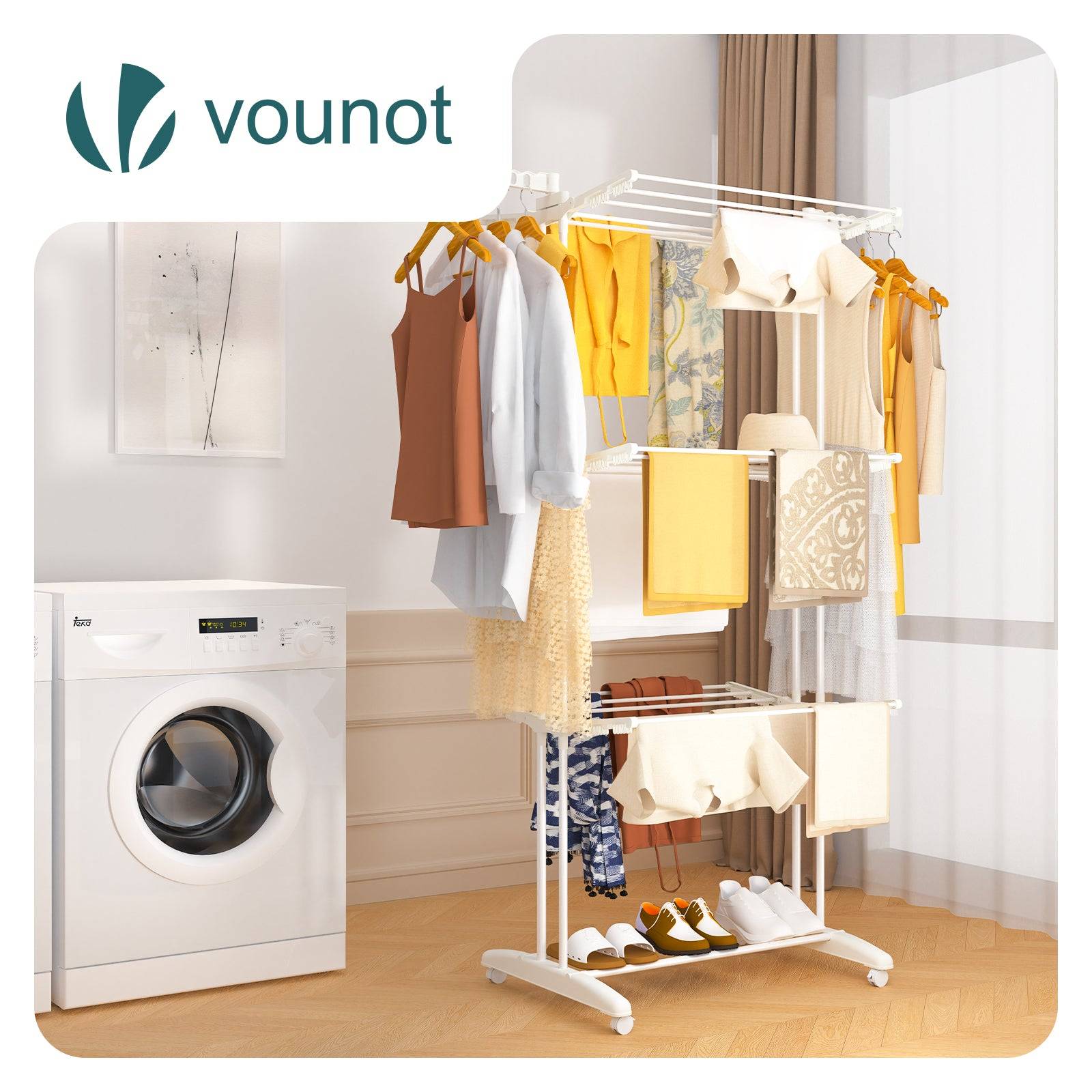 Vounot - Étendoir à linge pliable métal renforcée 125x62x173cm, Séchoir 4 niveaux grande capacité avec roulettes, Blanc, VOUNOT® - Image 2