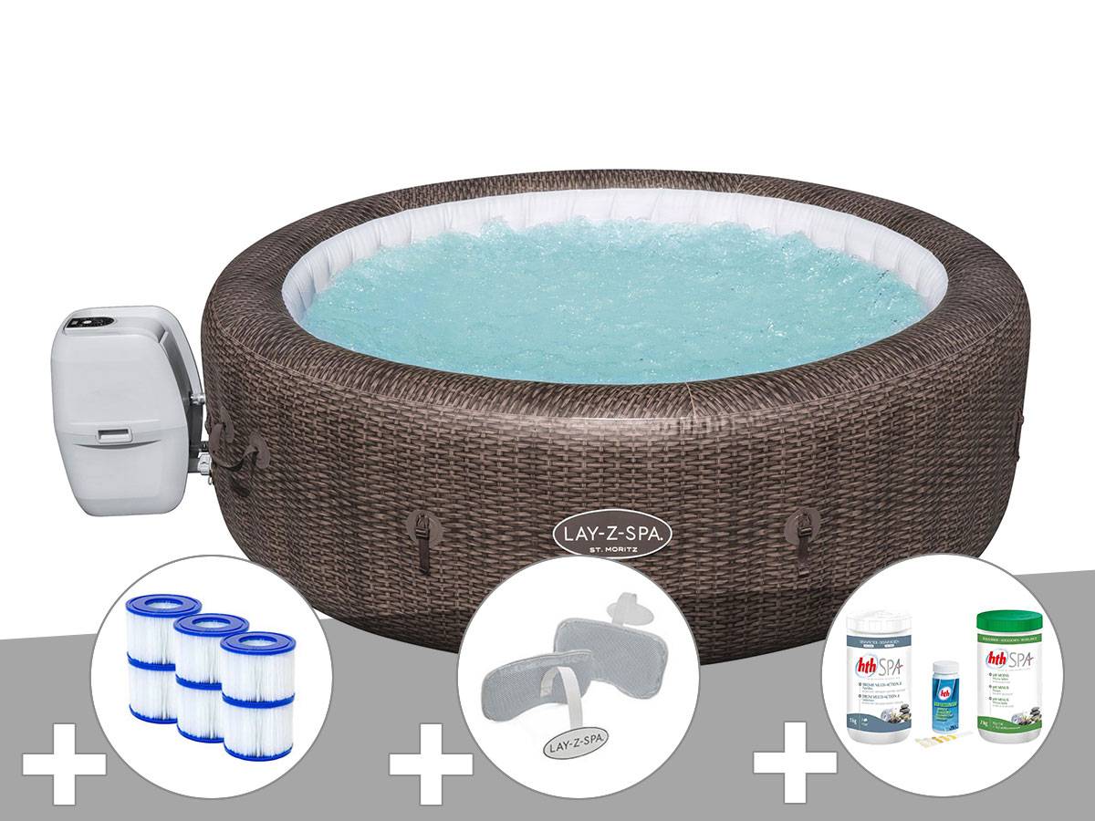 Bestway - Kit spa gonflable Bestway Lay-Z-Spa St Moritz rond Airjet 5/7 places + 6 filtres + Kit traitement brome + 2 appuie-têtes