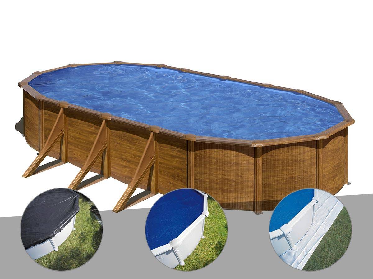 Gré - Kit piscine acier aspect bois Gré Pacific ovale 7,44 x 3,99 x 1,22 m + Bâche d'hivernage + Bâche à bulles + Tapis de sol