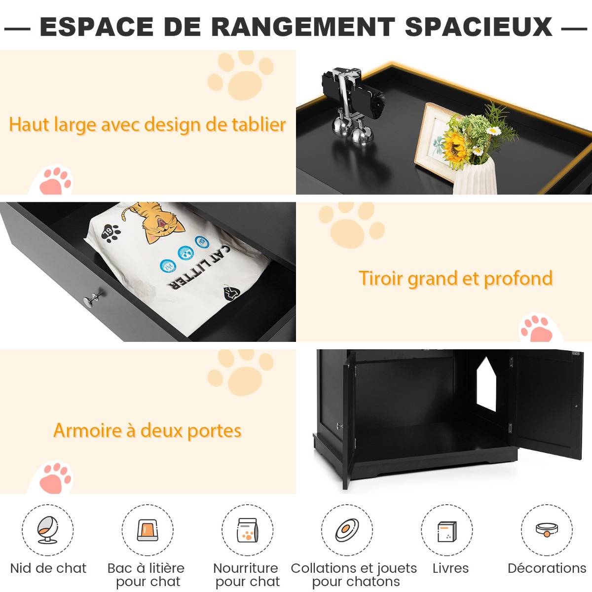 Enceinte de Bac à Litière pour Chat Meubles de Toilette Cachés pour Chat avec Tiroir et 2 Portes Table d'Appoint pour Chat Noir - Image 7