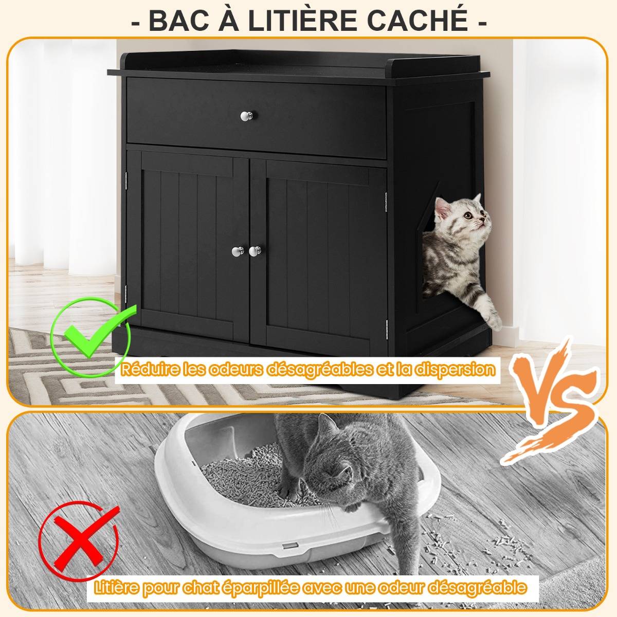 Enceinte de Bac à Litière pour Chat Meubles de Toilette Cachés pour Chat avec Tiroir et 2 Portes Table d'Appoint pour Chat Noir - Image 9