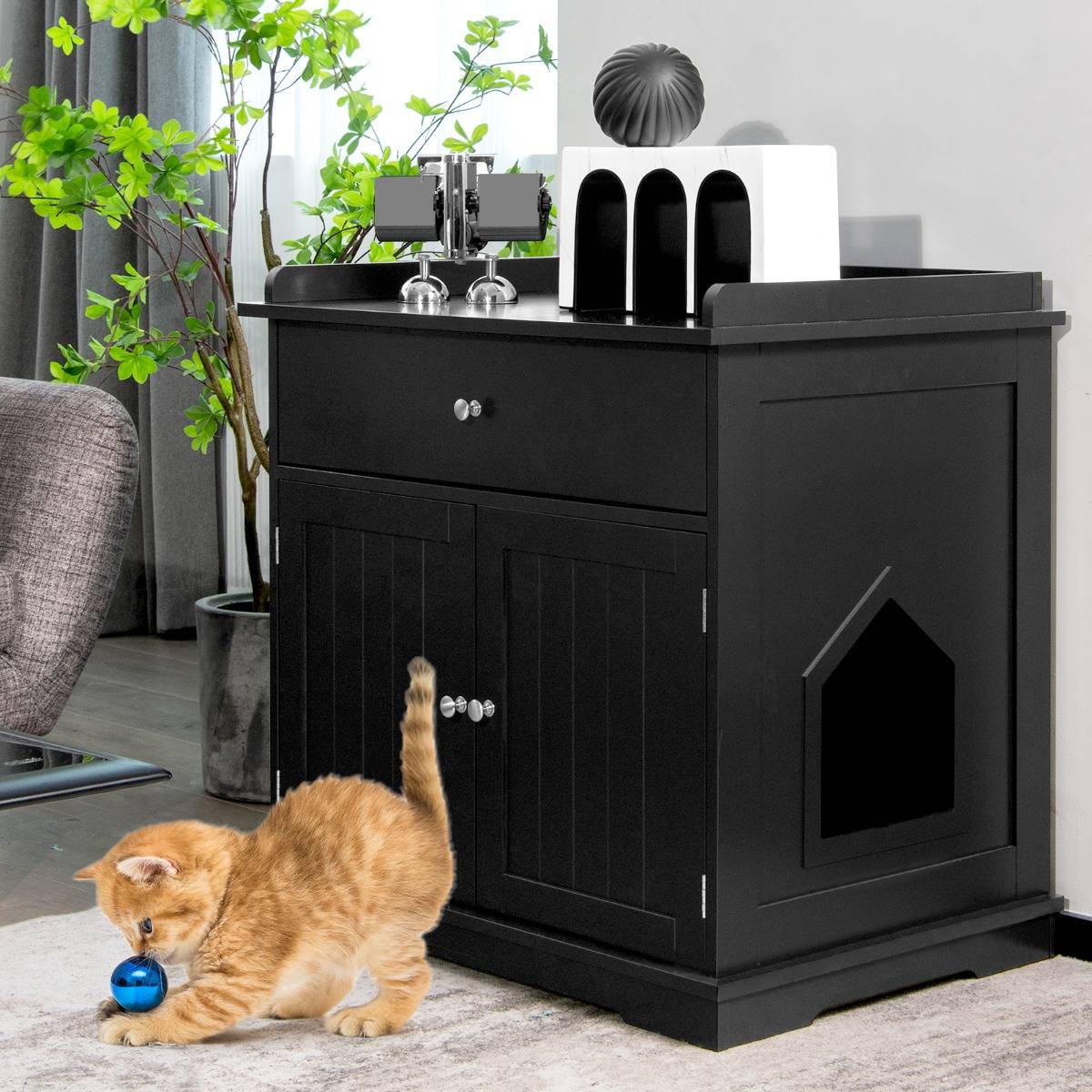 Enceinte de Bac à Litière pour Chat Meubles de Toilette Cachés pour Chat avec Tiroir et 2 Portes Table d'Appoint pour Chat Noir - Image 2