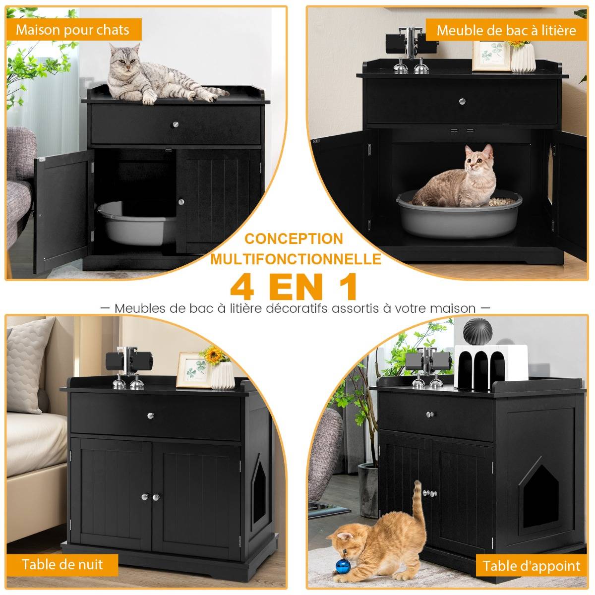 Enceinte de Bac à Litière pour Chat Meubles de Toilette Cachés pour Chat avec Tiroir et 2 Portes Table d'Appoint pour Chat Noir - Image 6
