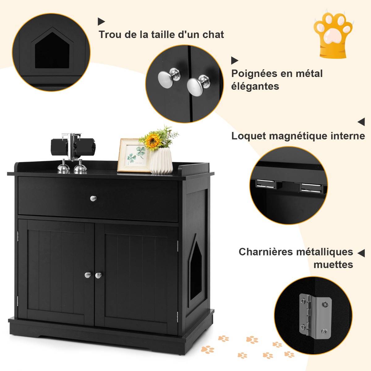 Enceinte de Bac à Litière pour Chat Meubles de Toilette Cachés pour Chat avec Tiroir et 2 Portes Table d'Appoint pour Chat Noir - Image 5