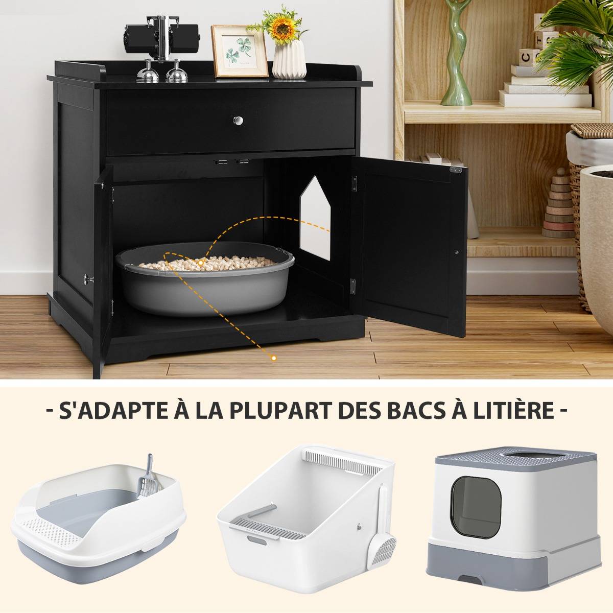 Enceinte de Bac à Litière pour Chat Meubles de Toilette Cachés pour Chat avec Tiroir et 2 Portes Table d'Appoint pour Chat Noir - Image 8