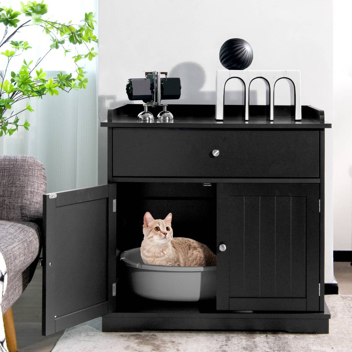 Enceinte de Bac à Litière pour Chat Meubles de Toilette Cachés pour Chat avec Tiroir et 2 Portes Table d'Appoint pour Chat Noir - Image 3