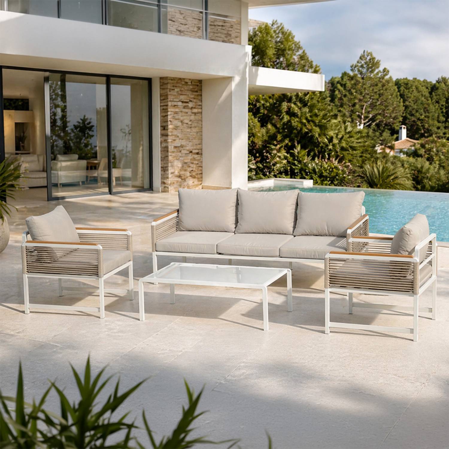 Salon de jardin 5 places avec table basse gris clair SOLOMON - Image 2
