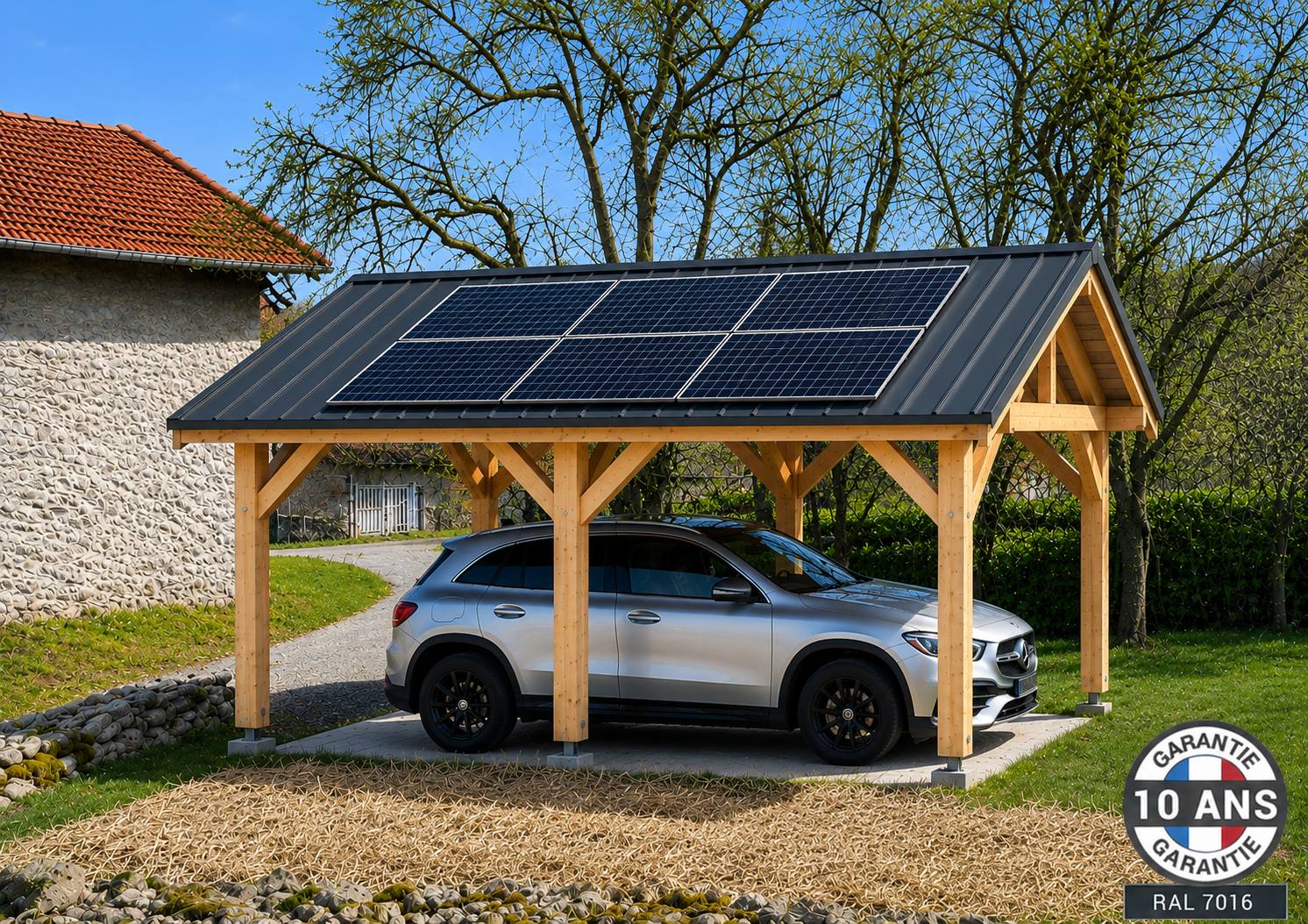Carport bois 2 pentes en bois douglas 15 m² 6 Poteaux avec couverture acier.  Abri voiture extérieur. Garantie 10 ans - Image 5