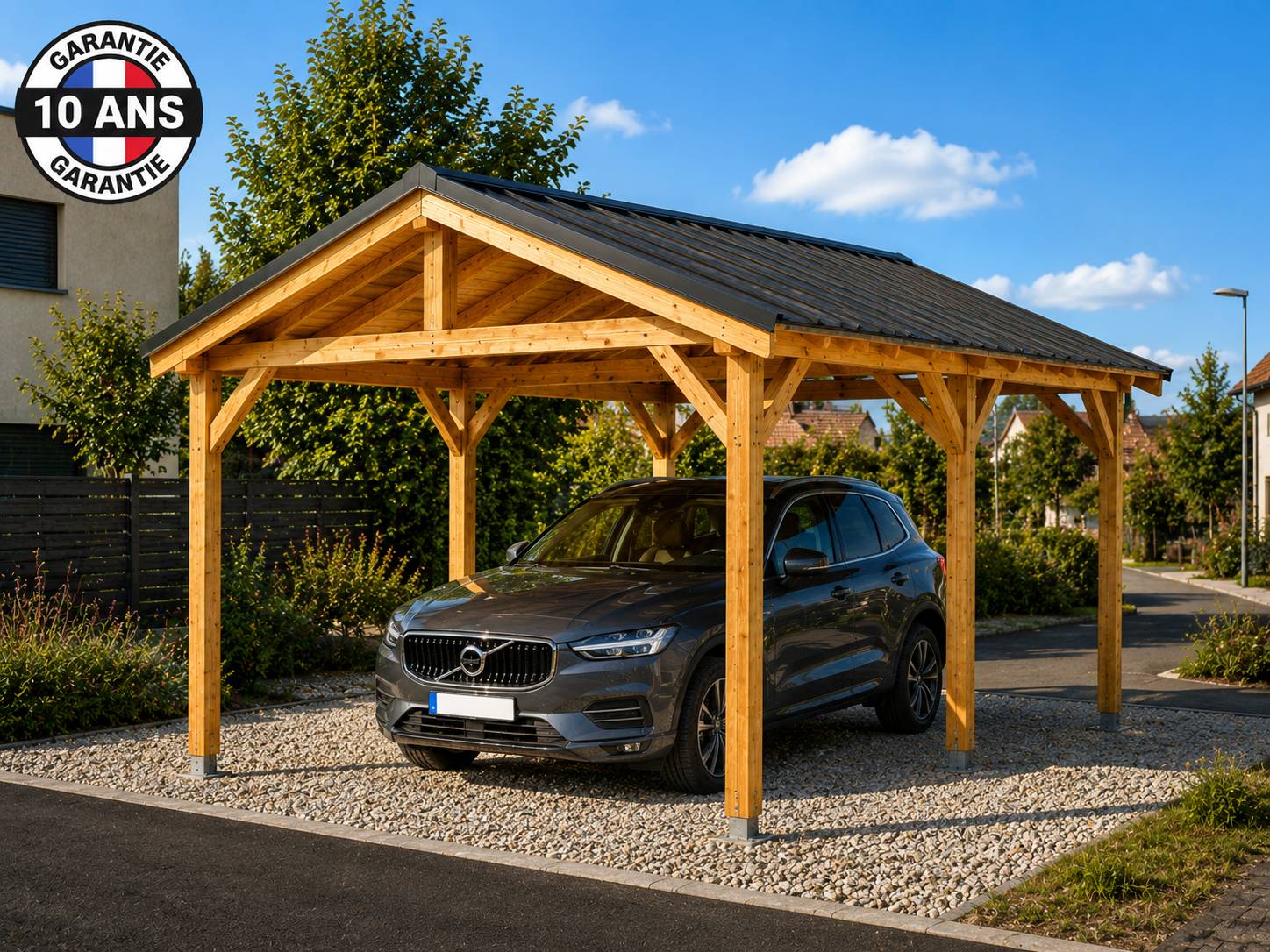 Carport bois 2 pentes en bois douglas 15 m² 6 Poteaux avec couverture acier. Abri voiture extérieur. Garantie 10 ans - Image 7