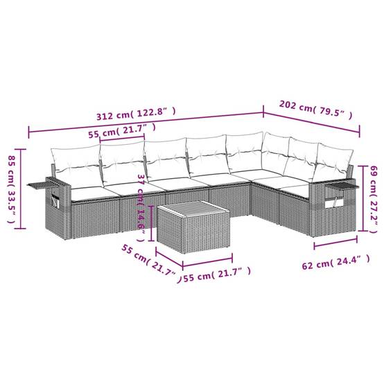 Canapé d'Angle 8 Pièces Résine Tressée 7 Places avec Coussins Crème pour Grande Terrasse Noir – ComfortXL Outdoor Living - Image 9