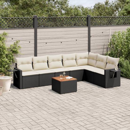 Canapé d'Angle 8 Pièces Résine Tressée 7 Places avec Coussins Crème pour Grande Terrasse Noir – ComfortXL Outdoor Living - Image 1