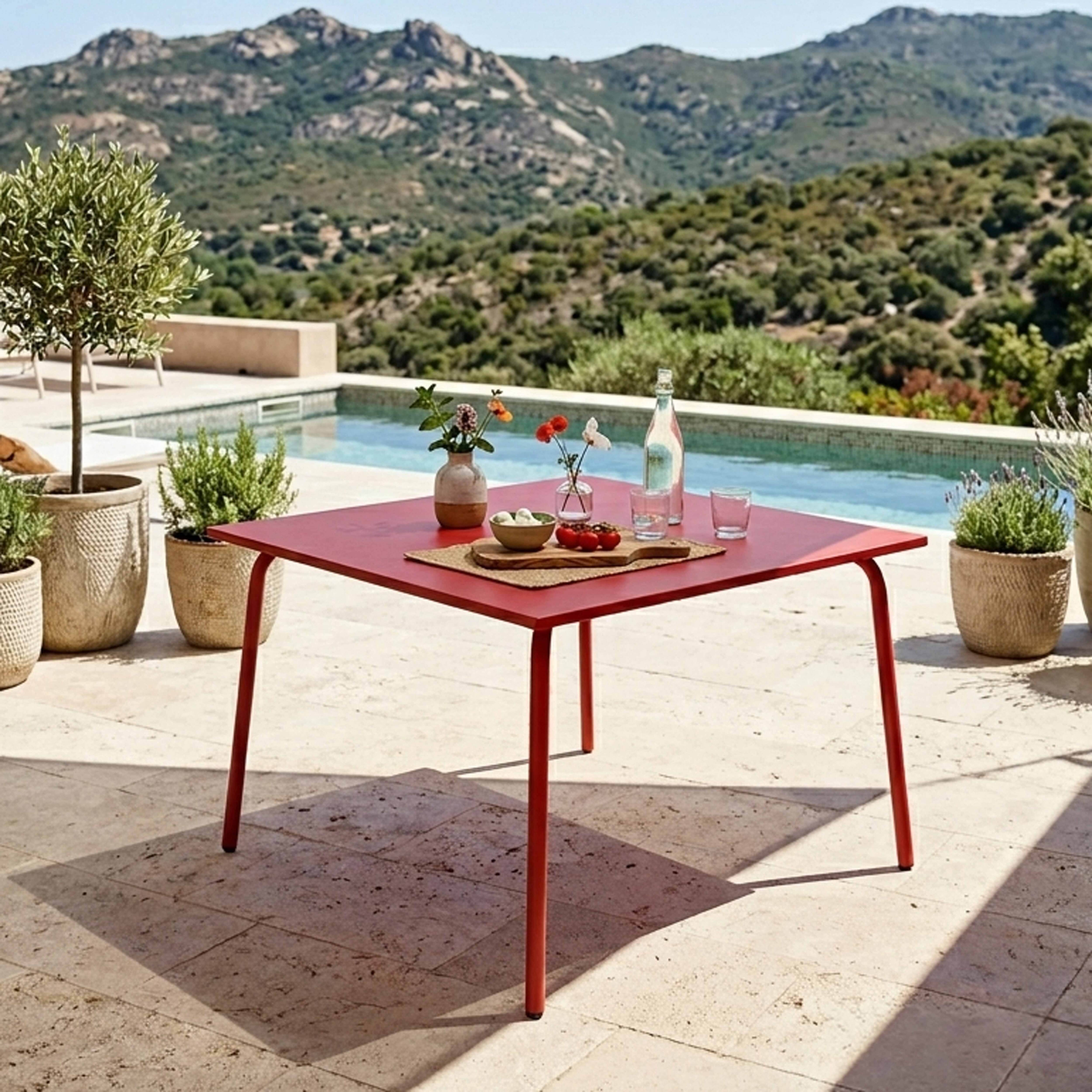 Oviala - Table de jardin carrée en métal 8 places 120 cm rouge Palavas - Oviala - Imagen 2