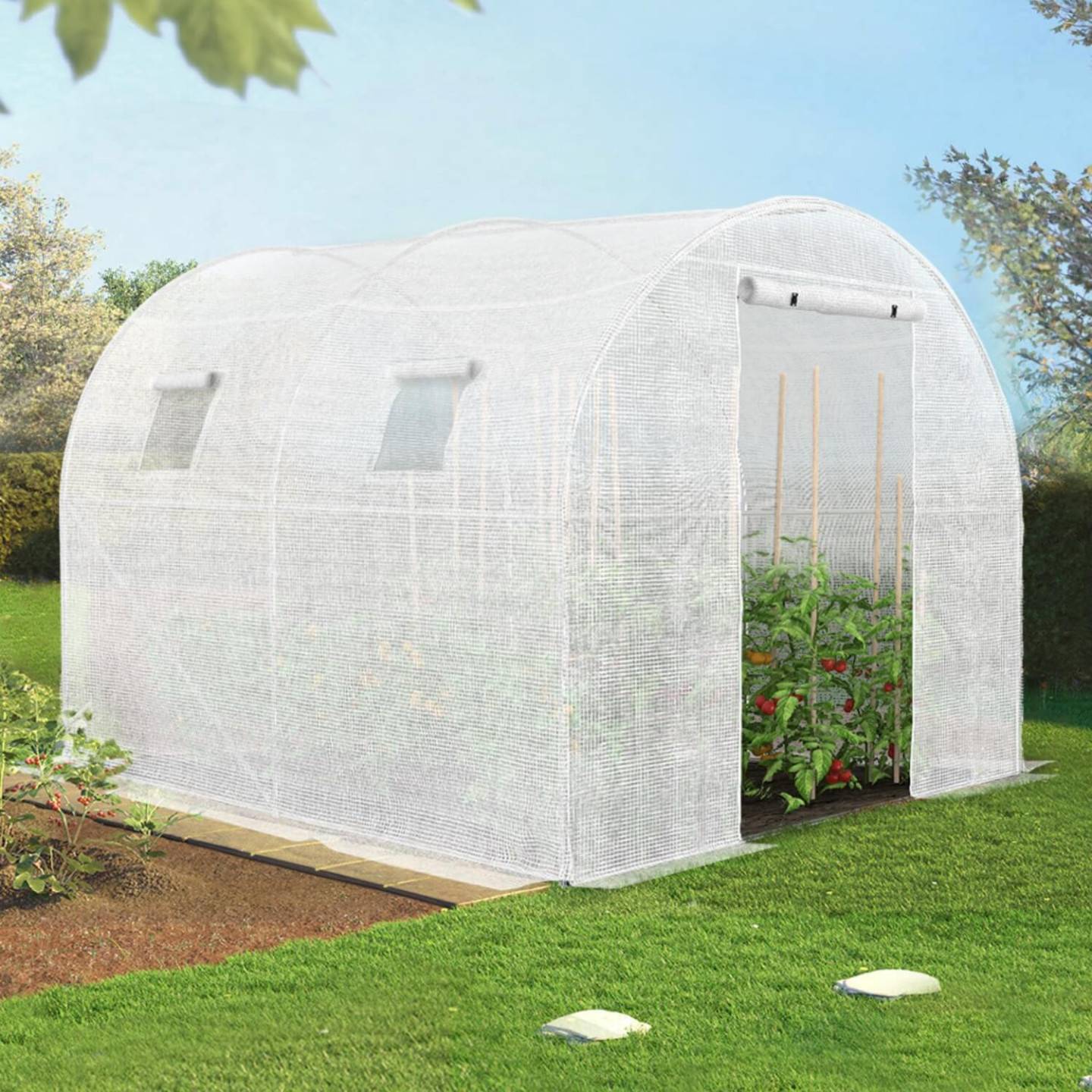 IDMARKET - Bâche de rechange pour serre de jardin tunnel 6m² 3 x 2 x 2 m anti-UV avec porte et fenêtres ROMA blanche - Image 1