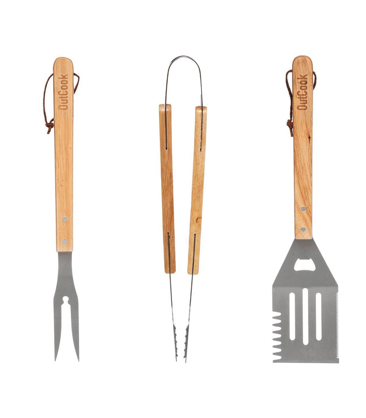 Set de 3 ustensiles pour Barbecue en Inox et Manche en Bois - Image 1