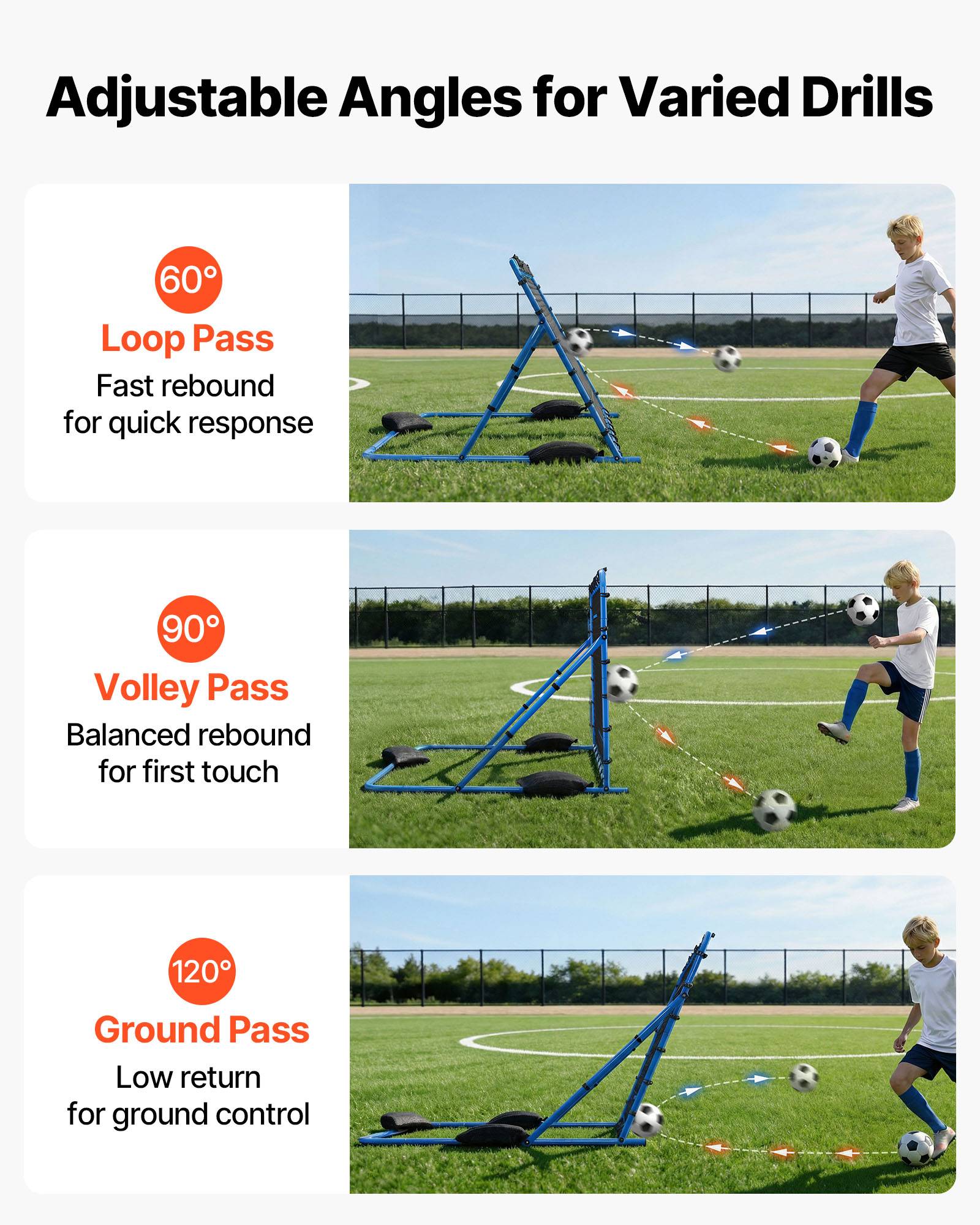 Vevor - VEVOR filet de rebond football 157x122 cm, angle réglable, filet renforcé, cadre en fer, kit complet pour entraînement. - Image 3