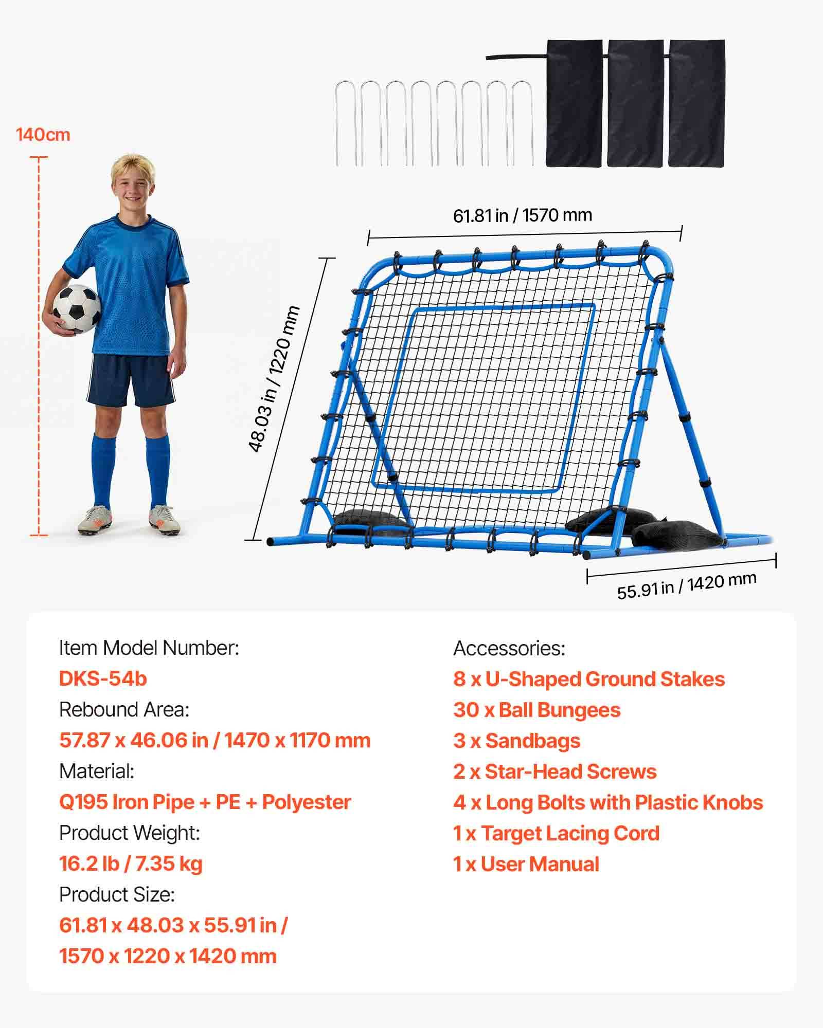 Vevor - VEVOR filet de rebond football 157x122 cm, angle réglable, filet renforcé, cadre en fer, kit complet pour entraînement. - Image 6