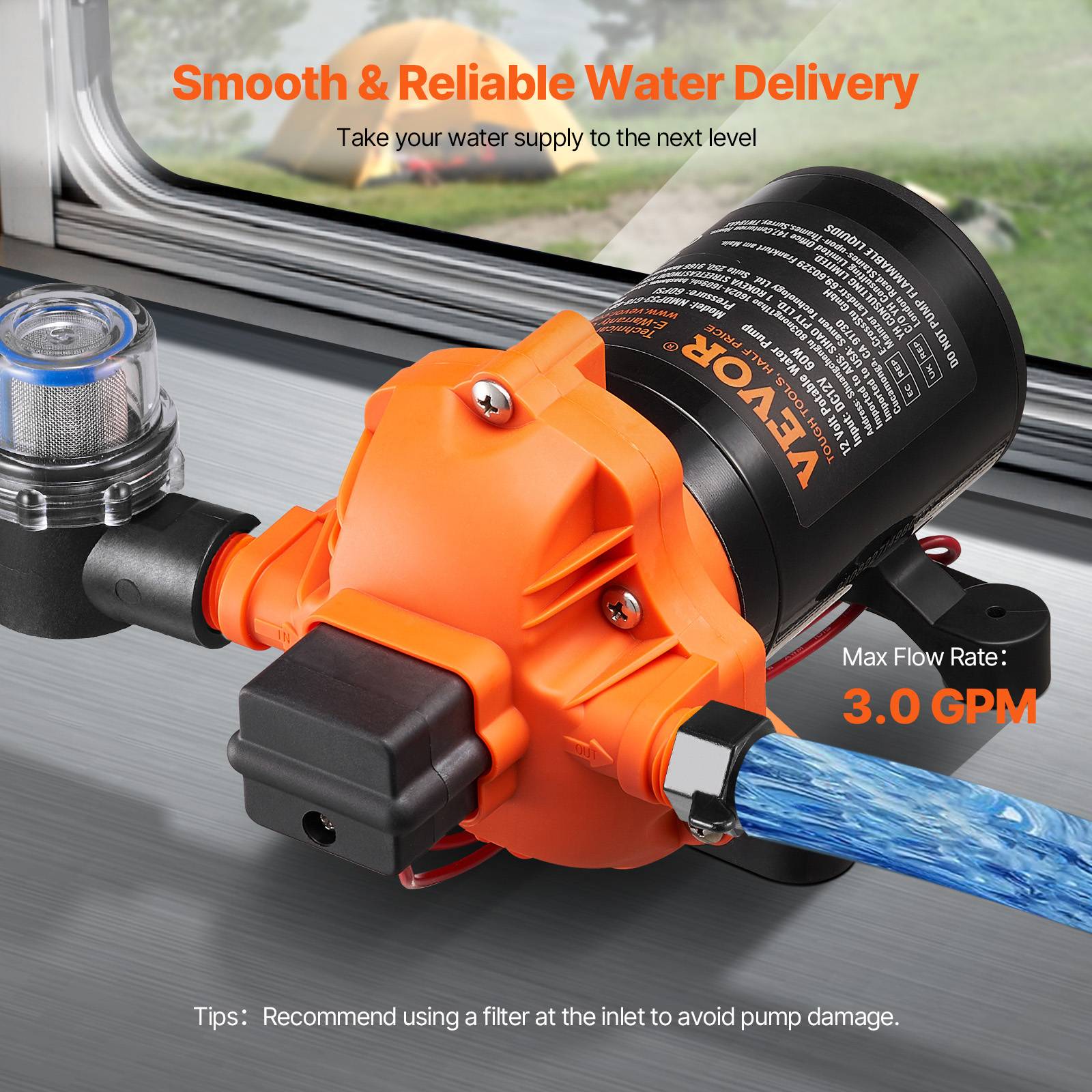 VEVOR Pompe à eau à membrane 12V 3 GPM 11,36 L/min 4 chambres, pressostat auto 55 PSI. - Image 5
