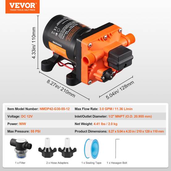 VEVOR Pompe à eau à membrane 12V 3 GPM 11,36 L/min 4 chambres, pressostat auto 55 PSI. - Image 7