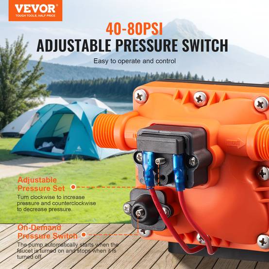 VEVOR Pompe à eau à membrane 12V 3 GPM 11,36 L/min 4 chambres, pressostat auto 55 PSI. - Image 3