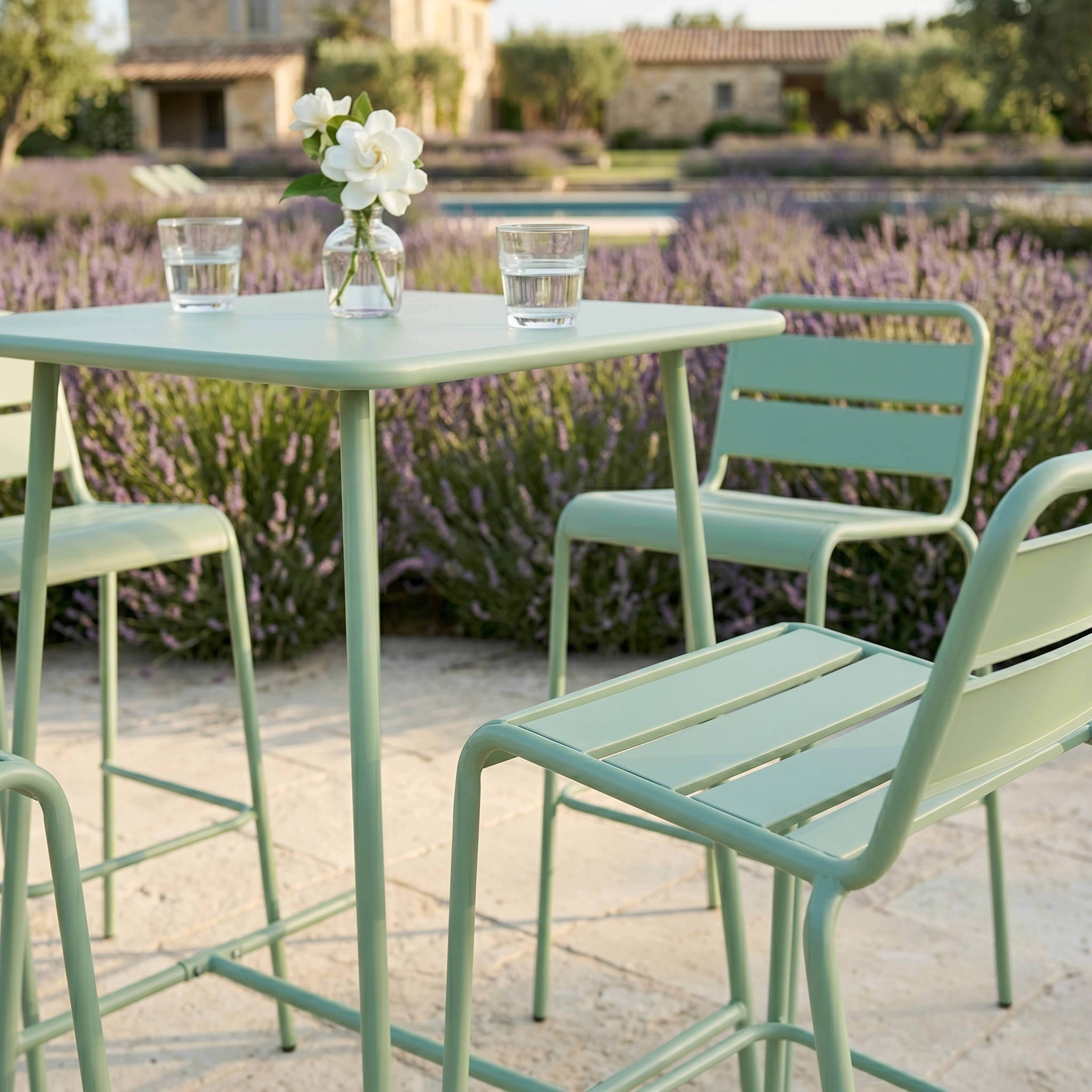 Oviala - Ensemble table de bar et 4 chaises hautes en métal vert sauge Palavas - Oviala - Imagen 3