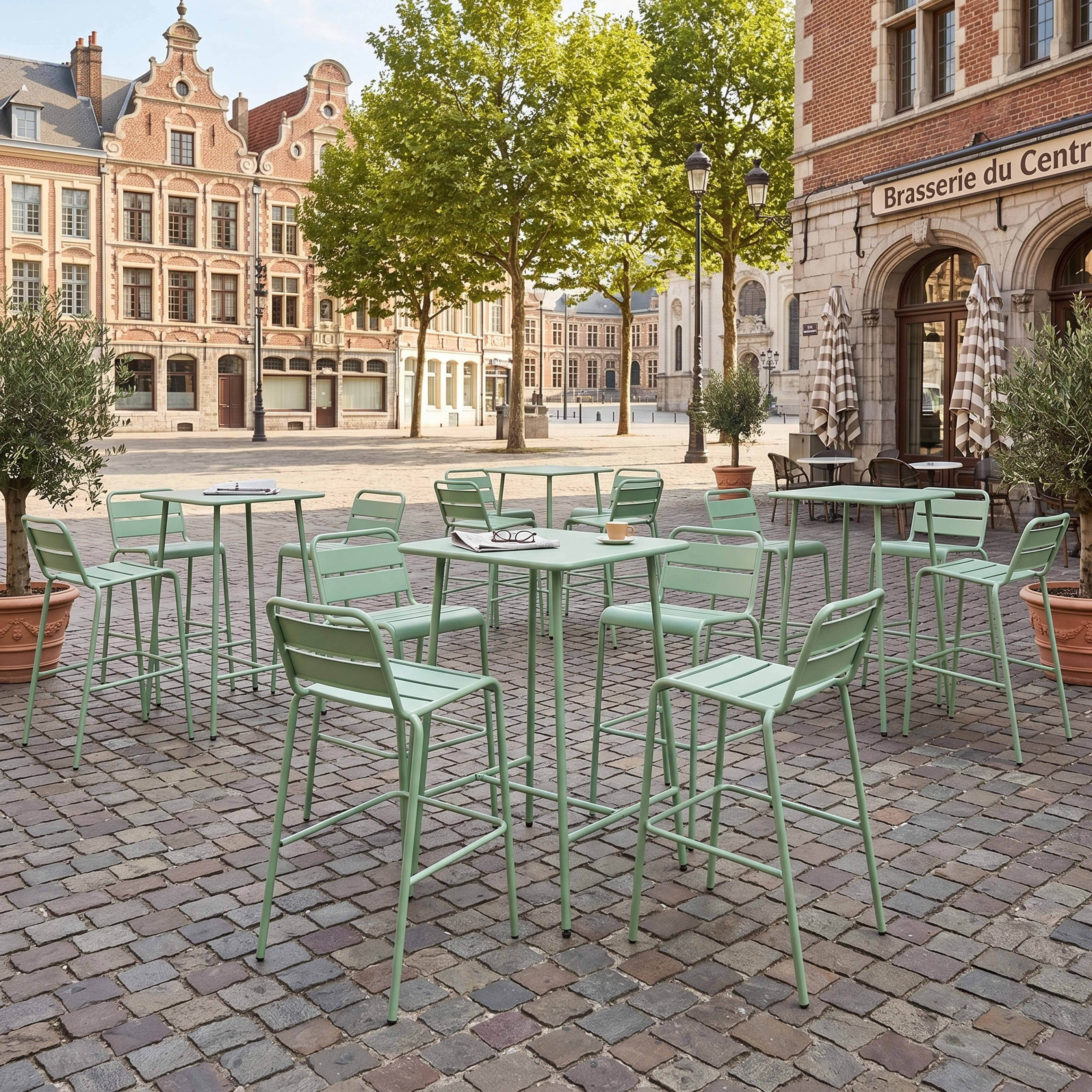Oviala - Ensemble table de bar et 4 chaises hautes en métal vert sauge Palavas - Oviala - Imagen 4