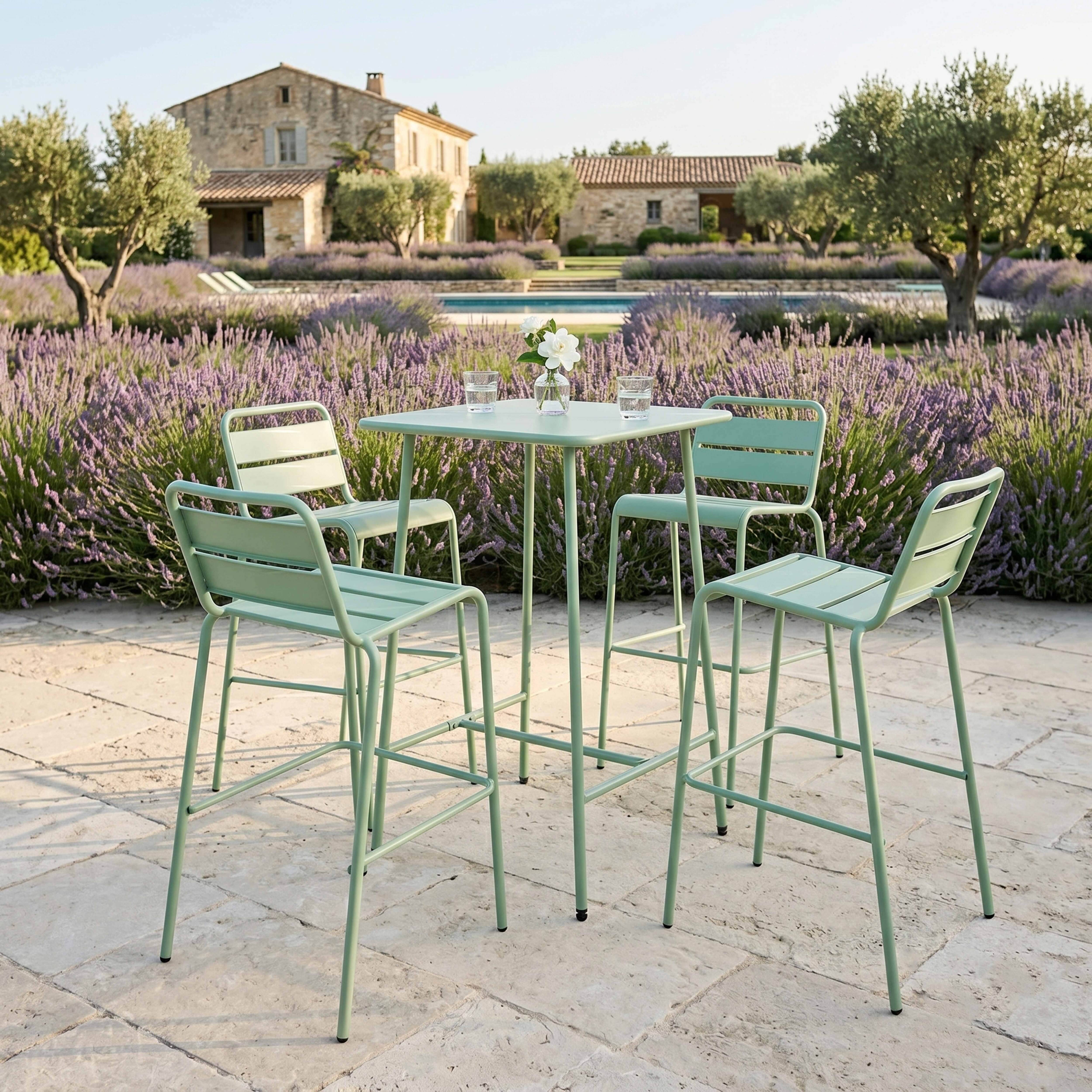 Oviala - Ensemble table de bar et 4 chaises hautes en métal vert sauge Palavas - Oviala - Imagen 2
