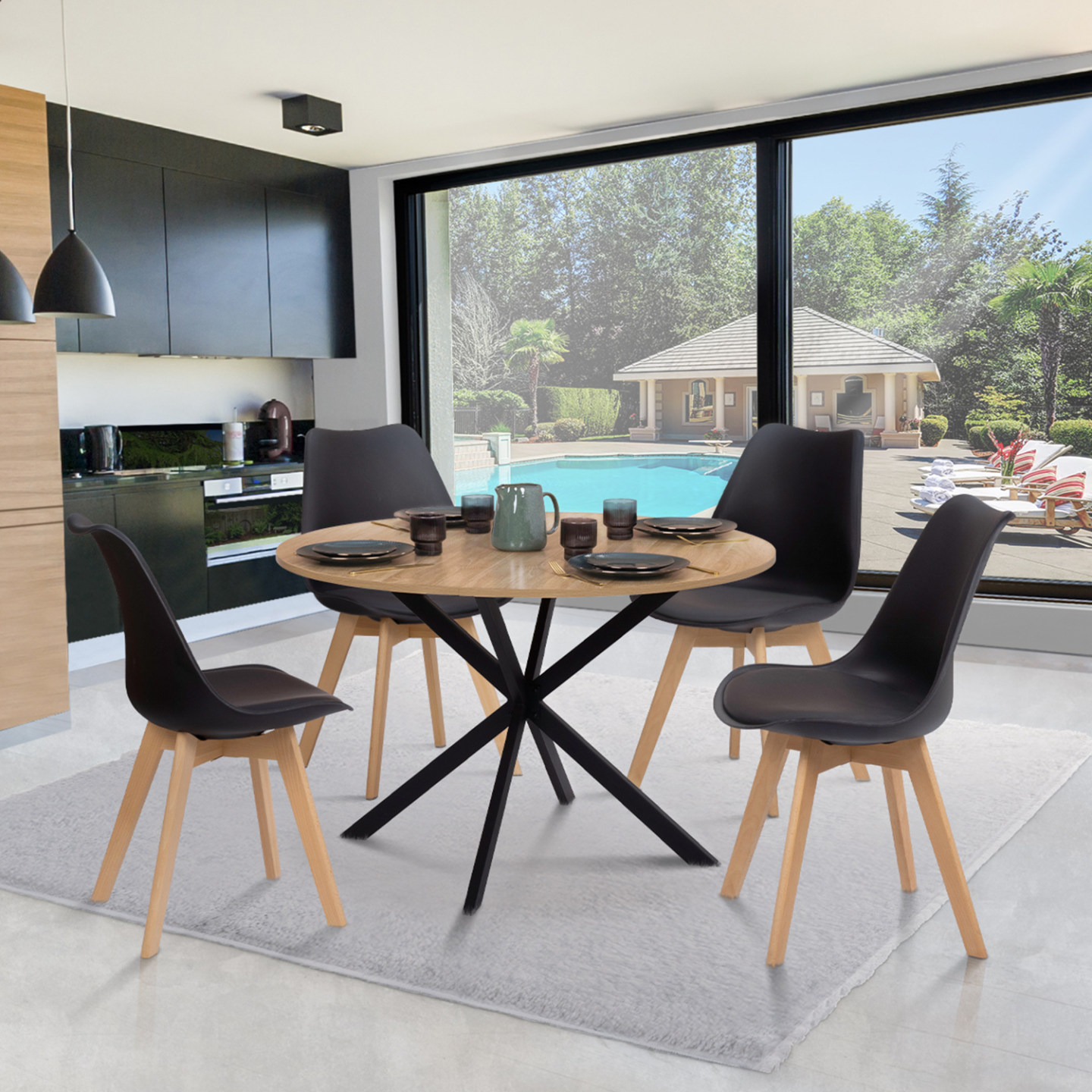Table à manger ronde ALIX 6 personnes pied araignée bois et noir 110 cm - Image 1