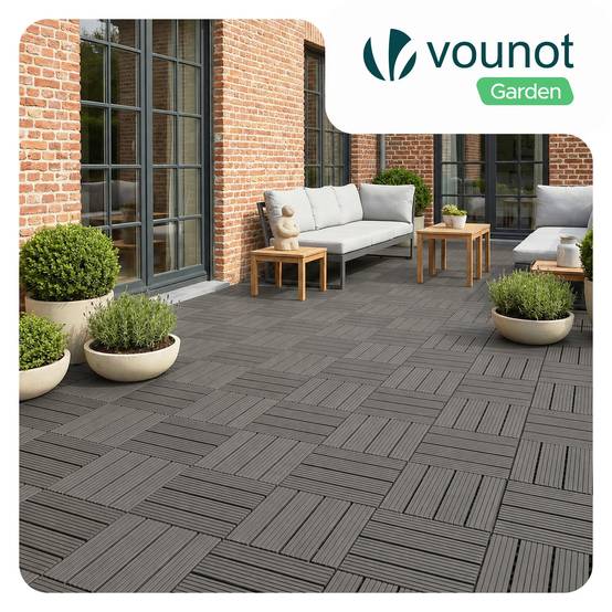 Vounot - Lot de 11 Dalles clipsables extérieur 30x30 cm - WPC - Caillebotis de terrasse antidérapant et drainant - Gris - VOUNOT® - Image 2