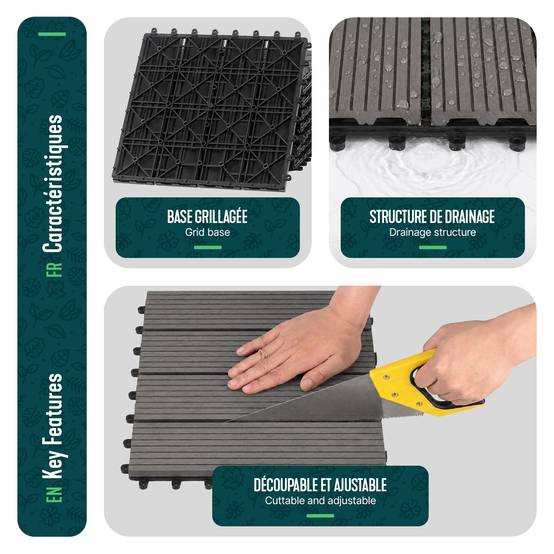 Vounot - Lot de 11 Dalles clipsables extérieur 30x30 cm - WPC - Caillebotis de terrasse antidérapant et drainant - Gris - VOUNOT® - Image 6