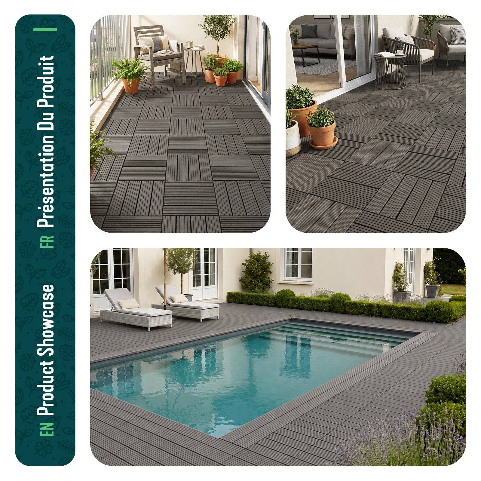 Vounot - Lot de 11 Dalles clipsables extérieur 30x30 cm - WPC - Caillebotis de terrasse antidérapant et drainant - Gris - VOUNOT® - Image 7