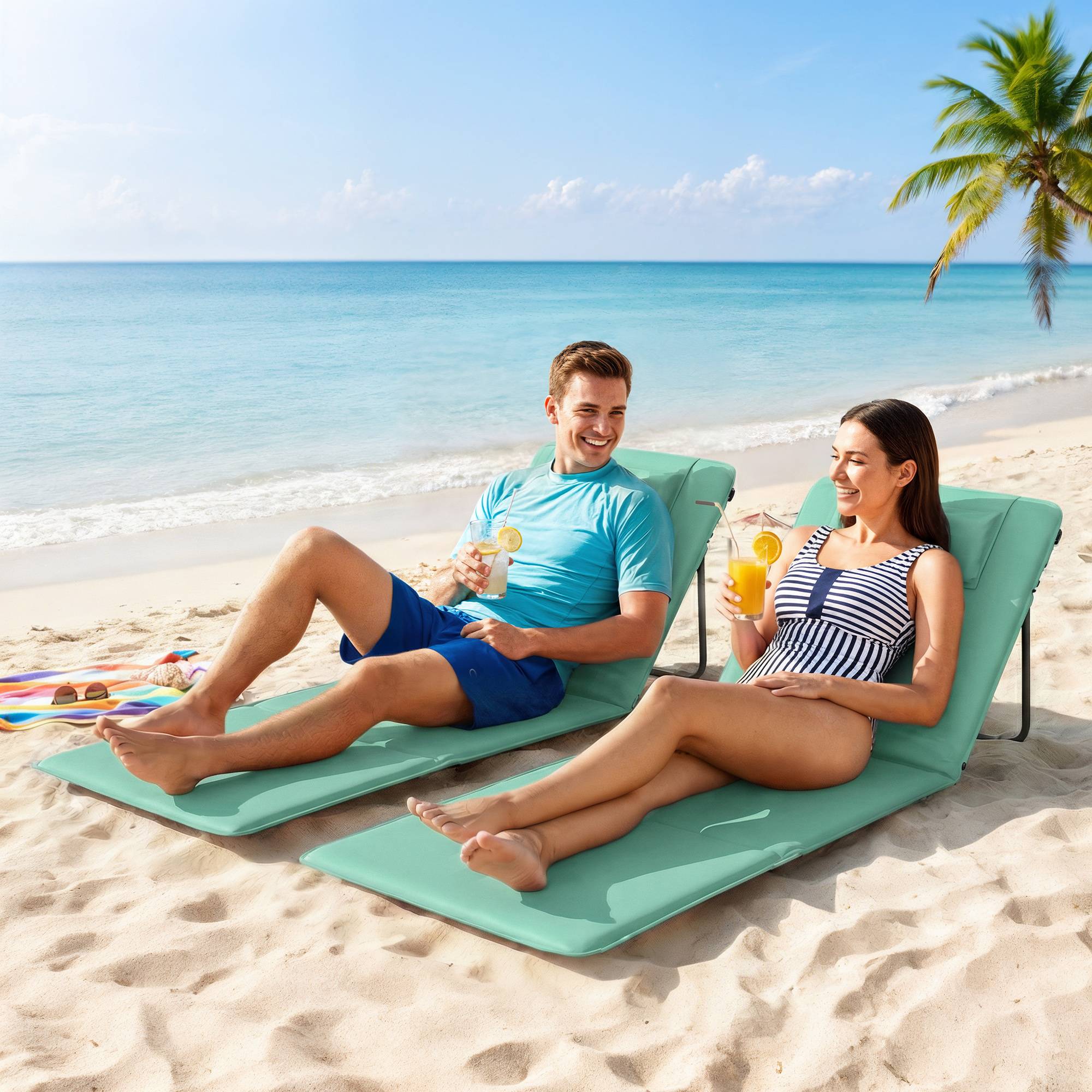 Lot de 2 tapis de plage pliables avec dossier réglable et appui-tête rembourré, 146 x 50 x 2 cm, vert - Image 4