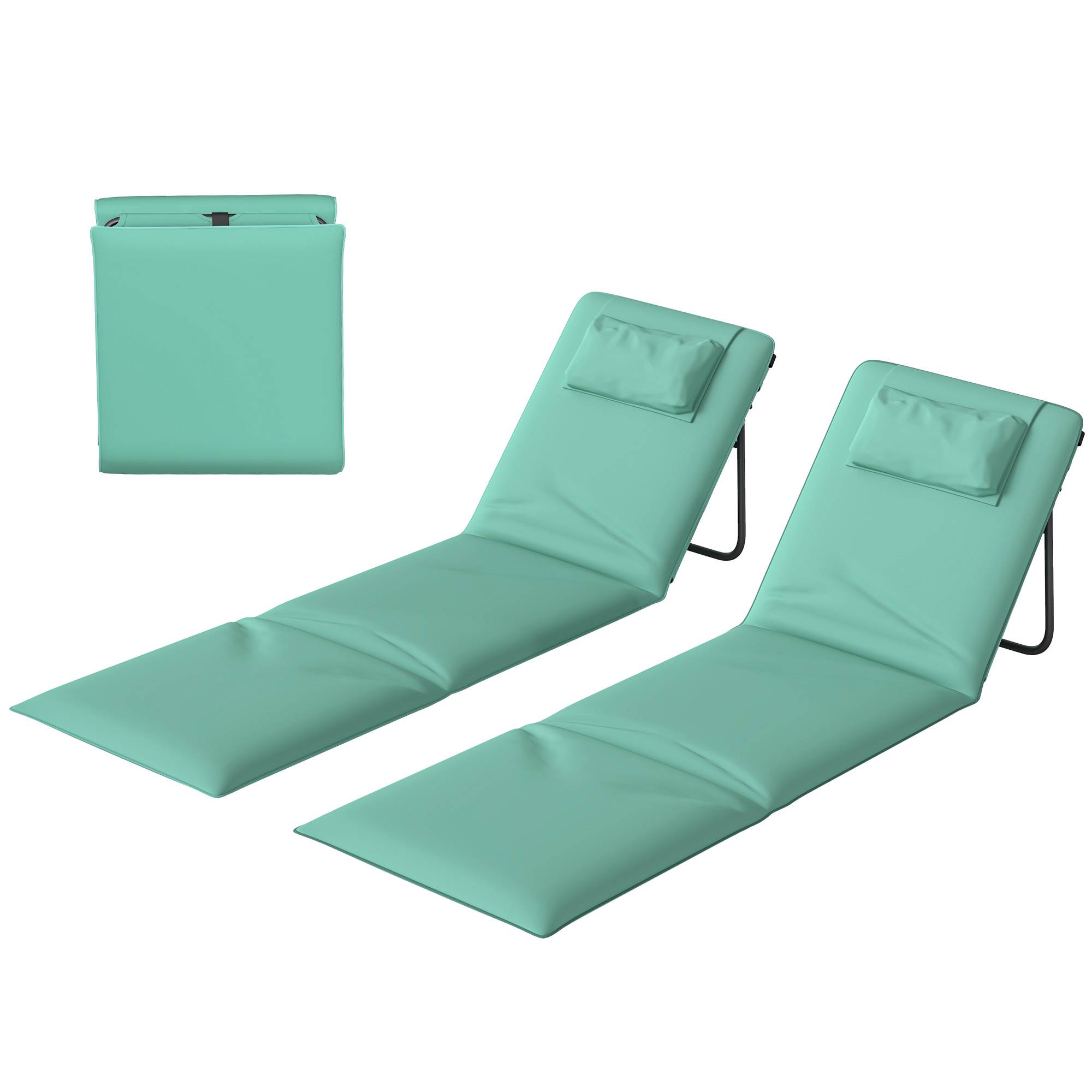 Lot de 2 tapis de plage pliables avec dossier réglable et appui-tête rembourré, 146 x 50 x 2 cm, vert - Image 2