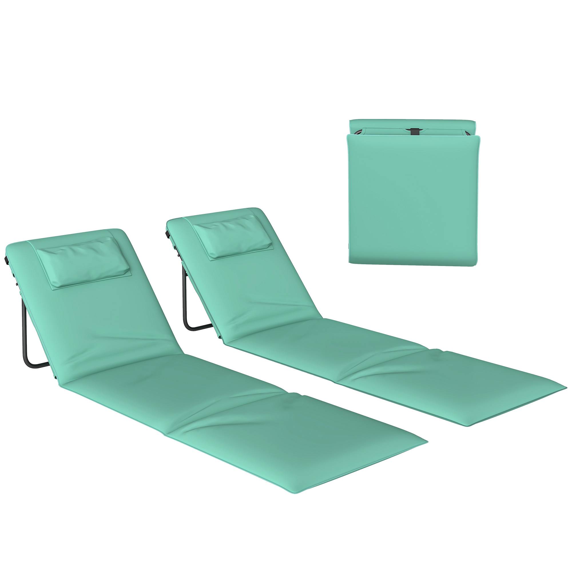 Lot de 2 tapis de plage pliables avec dossier réglable et appui-tête rembourré, 146 x 50 x 2 cm, vert - Image 1