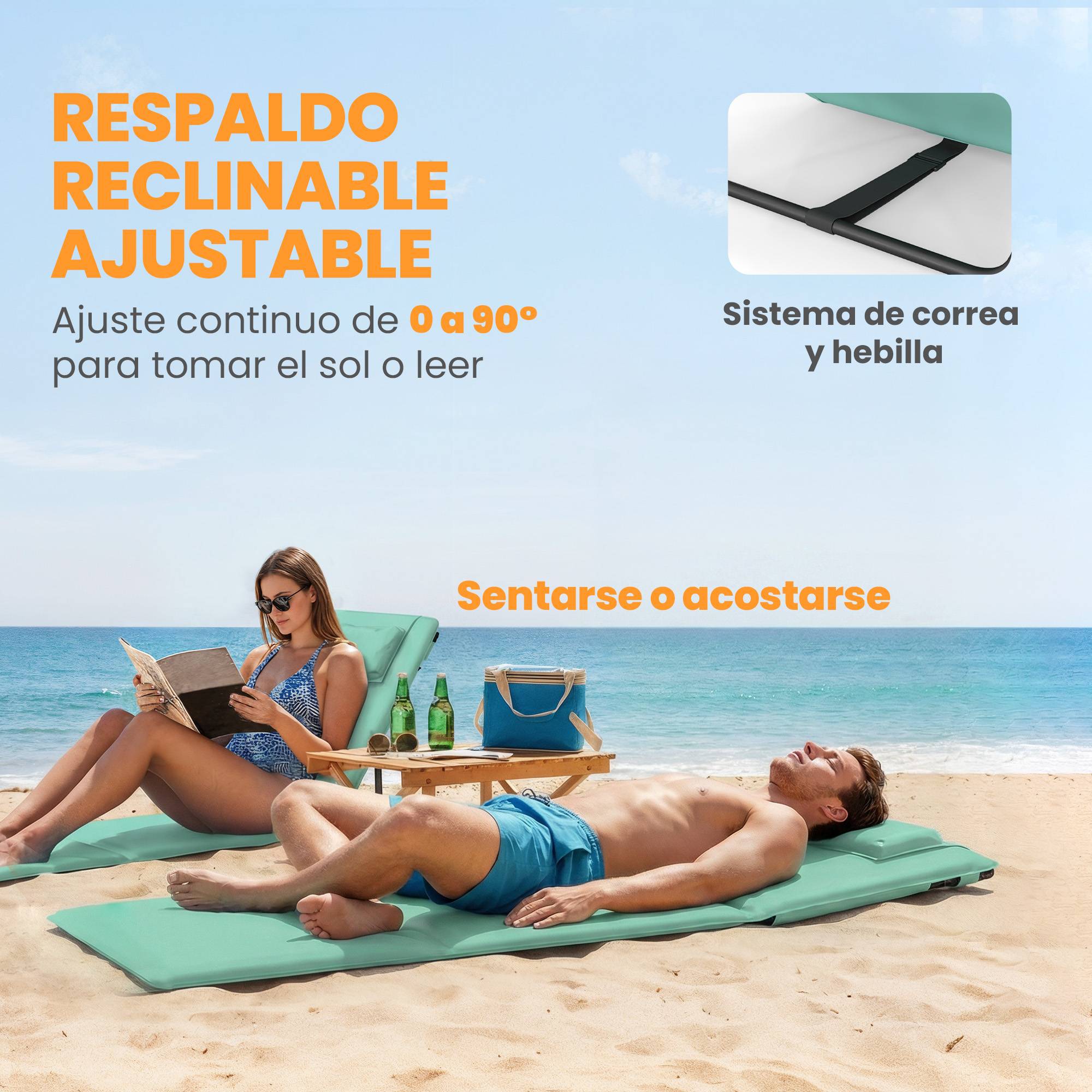 Lot de 2 tapis de plage pliables avec dossier réglable et appui-tête rembourré, 146 x 50 x 2 cm, vert - Image 7