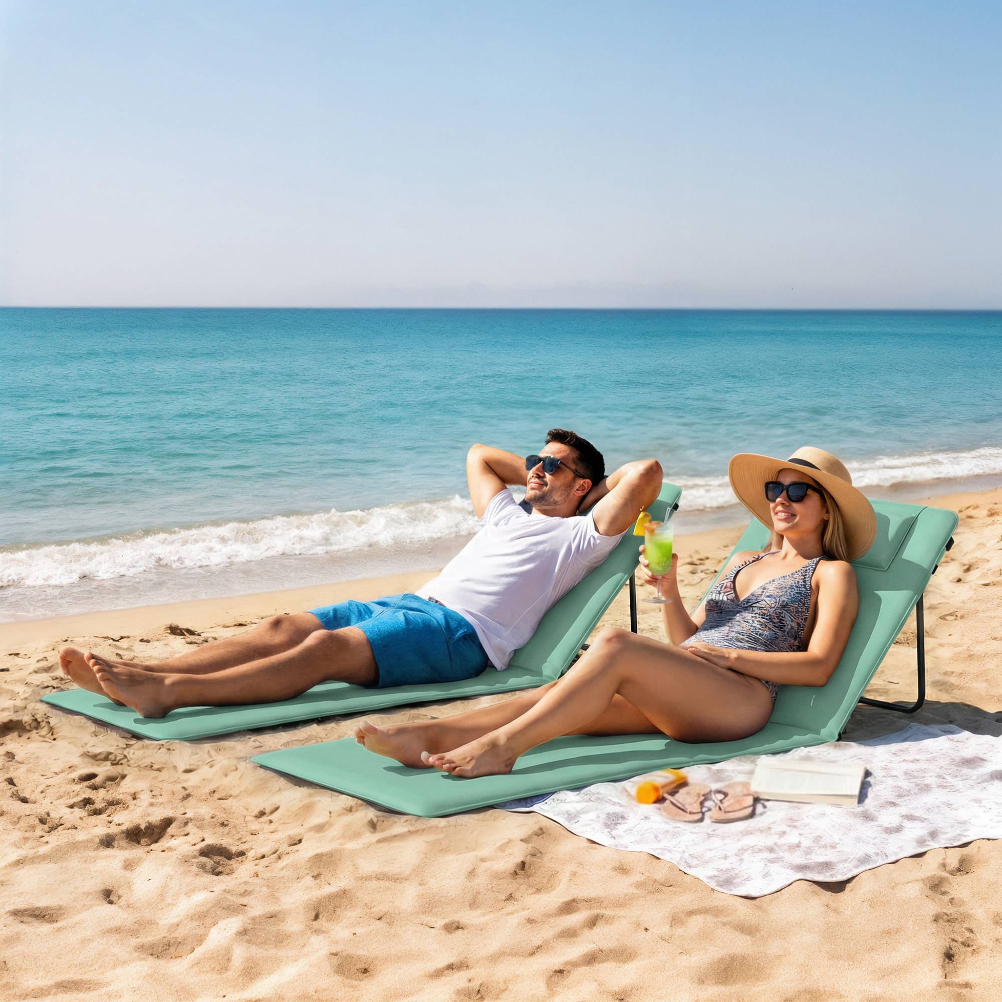 Lot de 2 tapis de plage pliables avec dossier réglable et appui-tête rembourré, 146 x 50 x 2 cm, vert - Image 3