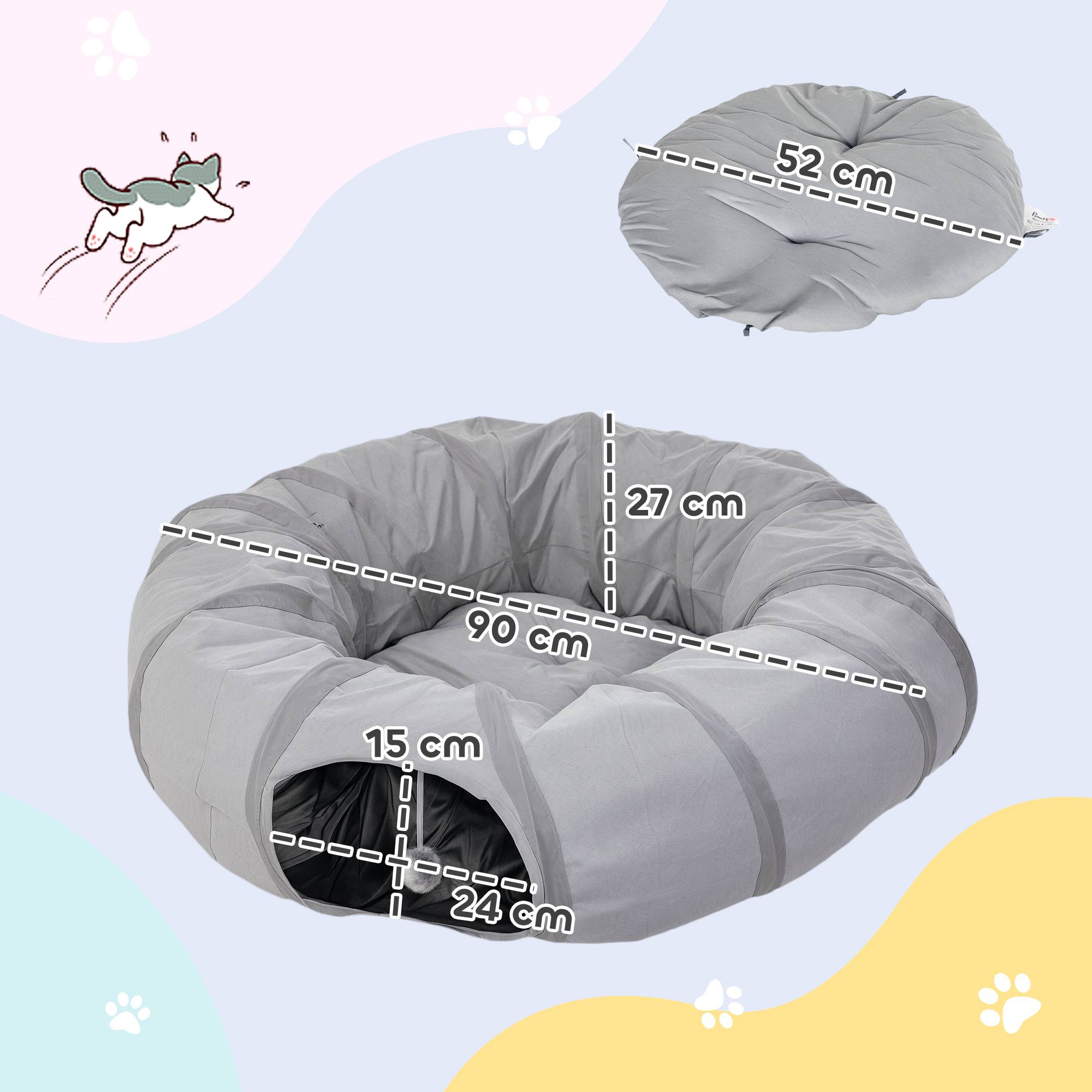 Tunnel pour chat intérieur rond tunnel avec lit et coussin, pliable, avec trous pour balles et judas, Ø 90 x 27 cm gris - Image 5