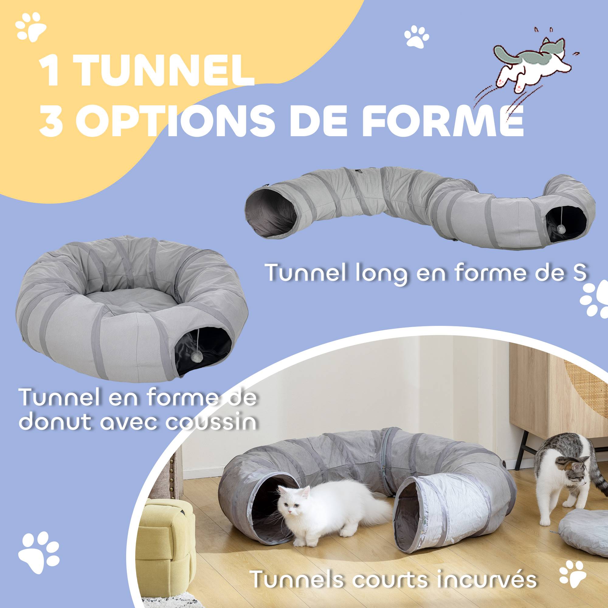 Tunnel pour chat intérieur rond tunnel avec lit et coussin, pliable, avec trous pour balles et judas, Ø 90 x 27 cm gris - Image 7